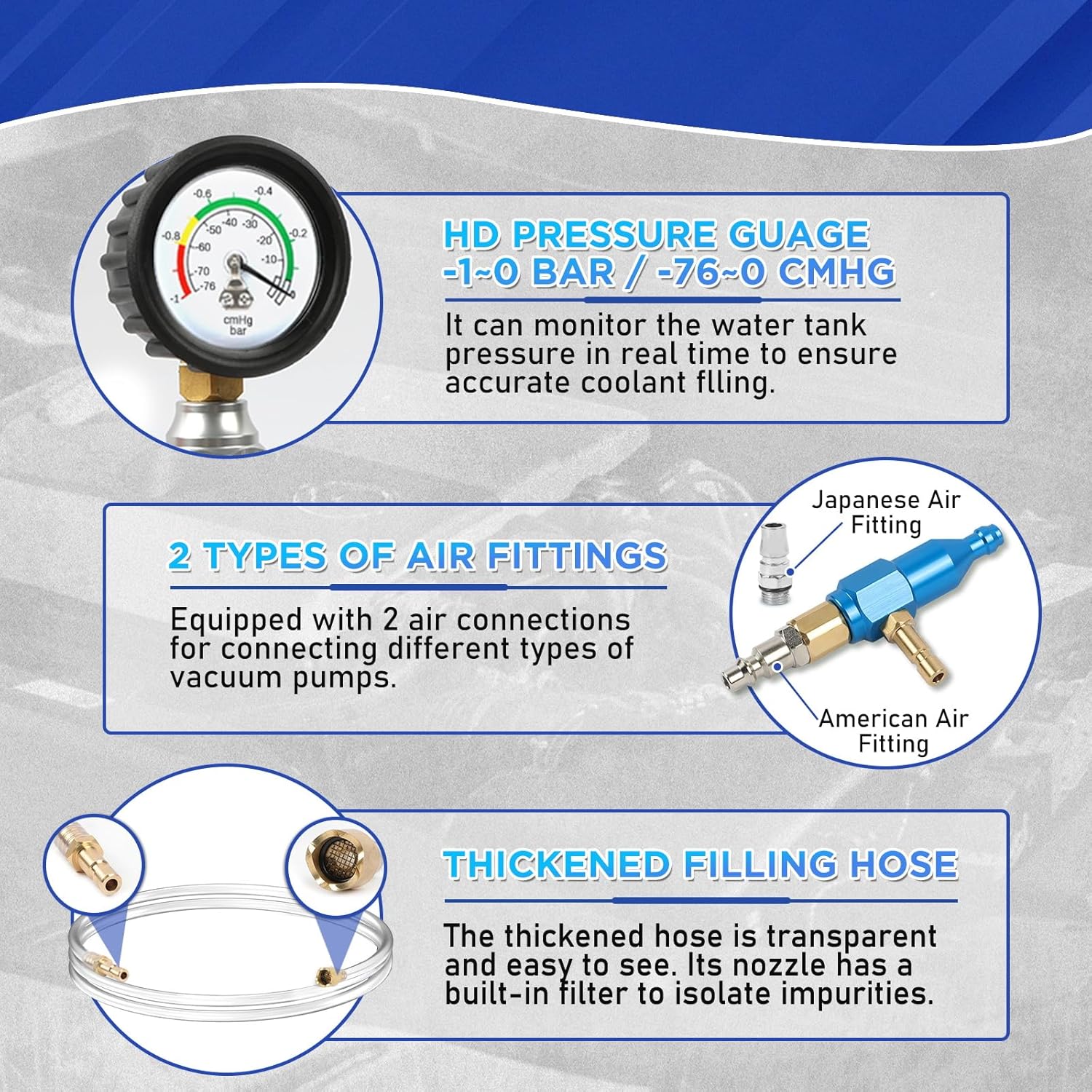 MR CARTOOL Coolant Vacuum Refill Kit Cooling System Vacuum Purge Tool with 4 Size Sealing Gaskets,1 Tapered Adapter, 2 Air Fitting, Brass Connector, Coolant Filling Hose for Most Vehicles
