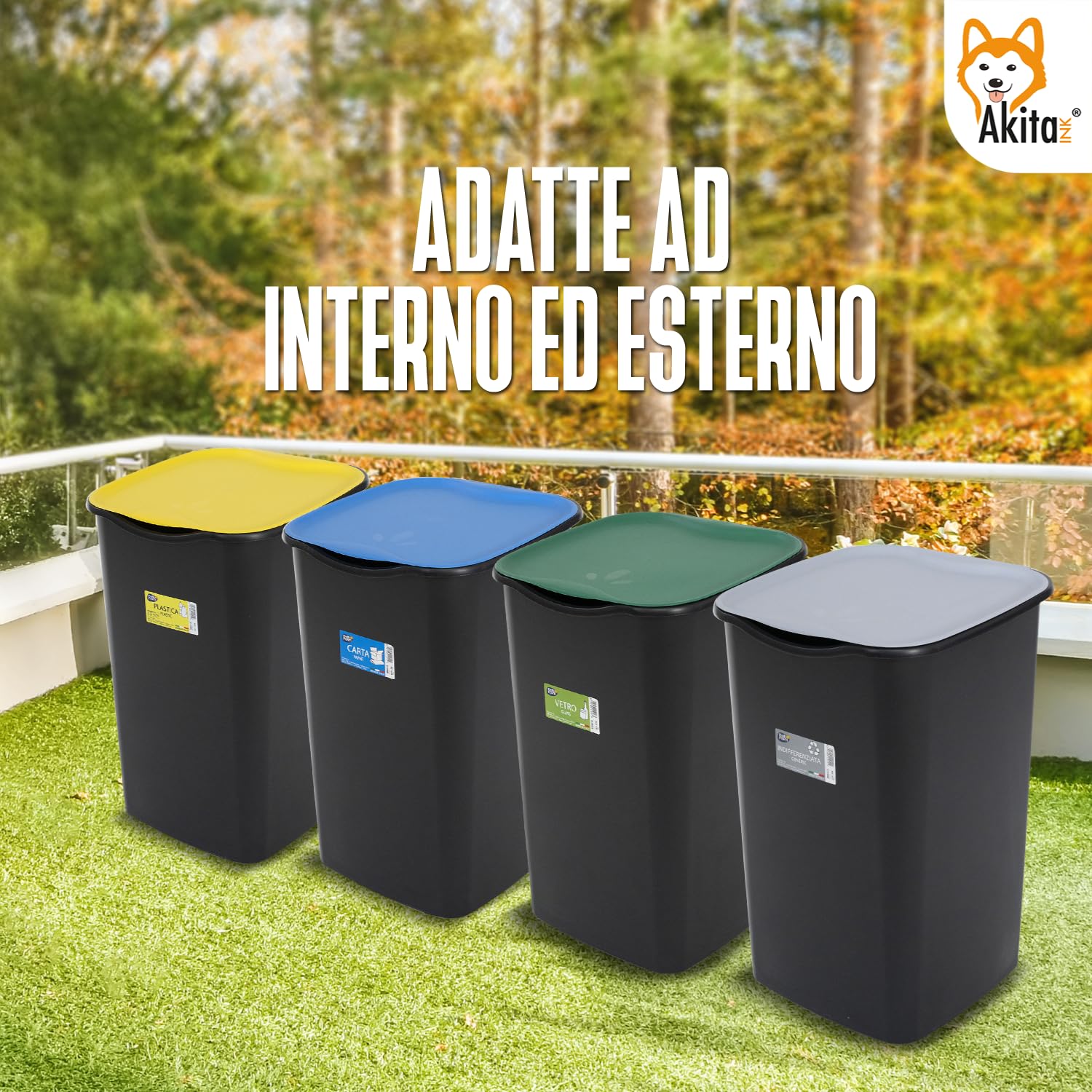 AKITAInk - Set 4 Bidoni per Raccolta Differenziata da 50L - Modello AKIJAZZ4 | Soluzione Pratica per una Separazione Facile e Ordinata dei Rifiuti - Made in Italy
