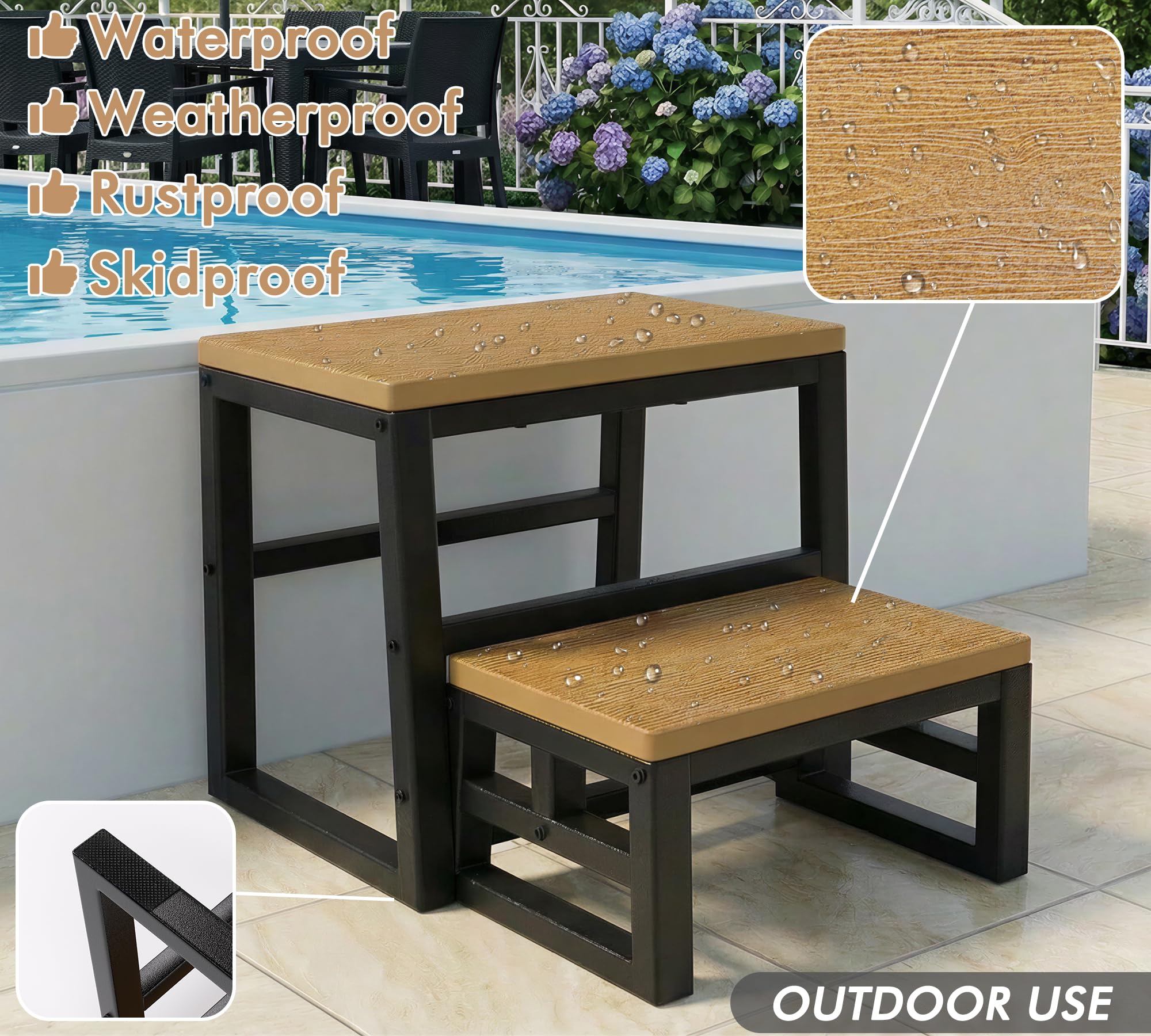 3-In-1 Tritthocker 2 Stufen für Erwachsene Kinder, Anti-Rutsch Wasserfest HDPE Holztritt mit Antirutsche Füße, Fußbank für Kücher/Whirlpool/Bad/Schlafzimmer