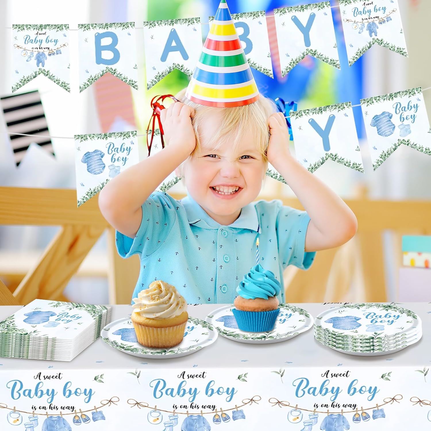 Baby Boy Shower Decorations Tableware Set, Disposable Plates Napkins, Tablecloth and Banner, for Baby Boy Baby Shower Decorations (Blue Tableware Set) - Image 6