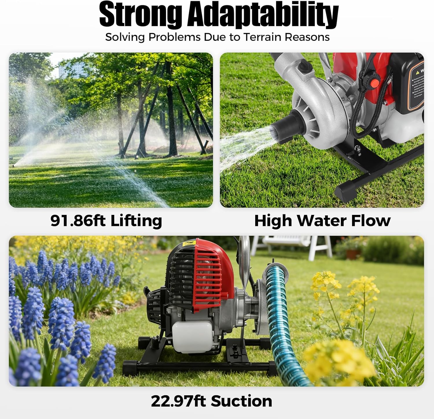 1.6HP 4-Stroke Gas Water Pump- 1.5" Trash Pump,High Flow Pump (66 GPM) with 91.86ft Lift, 22.97ft Suction, 23.67Oz Tank (8H Runtime) for Garden, Farmland, Outdoor Irrigation