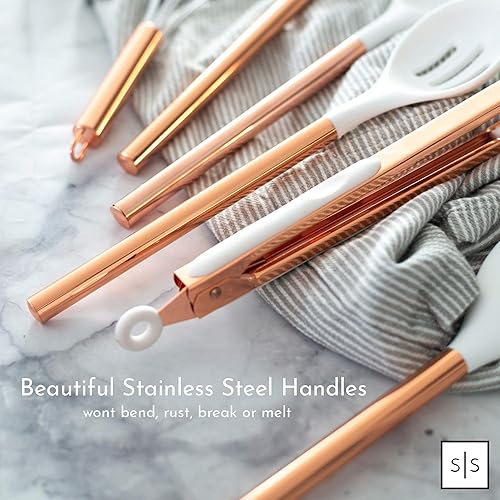 Miniatura 5 de STYLED SETTINGS Juego de utensilios de cocina de silicona blanca y cobre para cocinar y servir modernos, juego de 6 utensilios de cocina de cobre