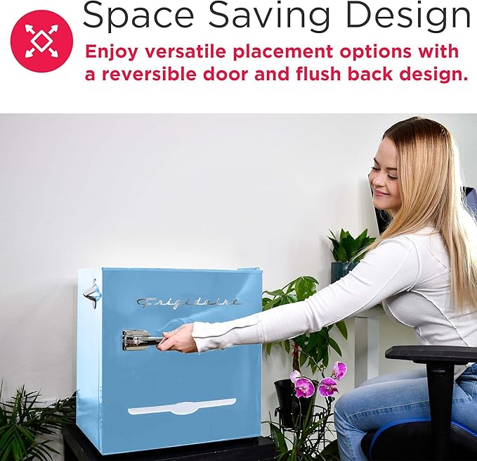 Frigidaire EFR176 Retro Compact Fridge with Chiller Mini Refrigerator with Built-in Bottle Opener for Office, Bedroom, Dorm Room or Cabin, 1.6 cu ft 16" D x 18" W x 18.5" H, Blue on Fridge.com