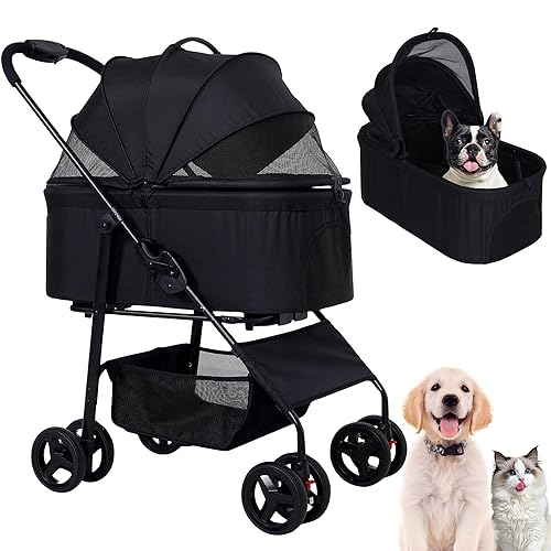 Cochecito de perro para mascotas, cochecito plegable de 4 ruedas para perros medianos de 20 libras, con soporte para tazas, cesta de almacenamiento,