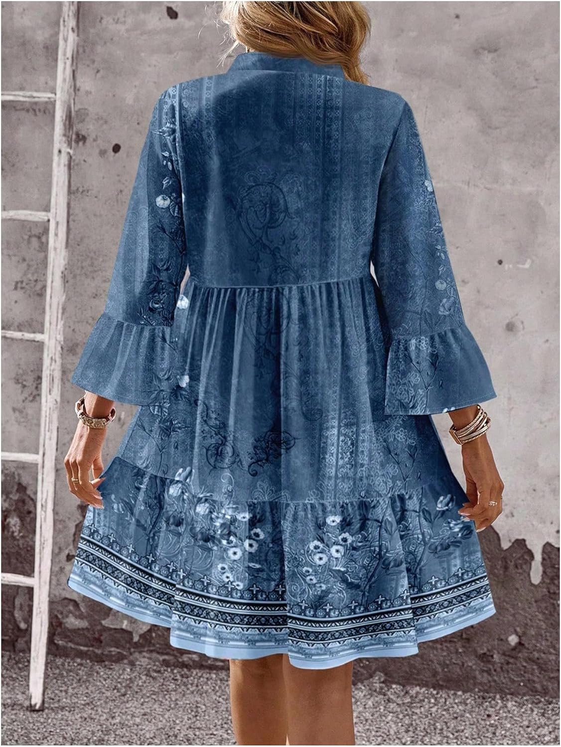 SOLY HUX Women's Boho Floral Ruffle Babydoll Dress Notched V Neck 3/4 Sleeve Flowy Short Dresses - Image 2