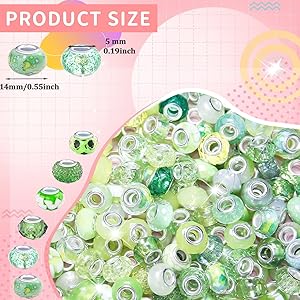 150Pcs Large Hole Beads Spacer Beads Light Green Assorted European Craft Big Beads Large Hole Lampwork Murano Bead Fairy Wand Garden Bead for DIY Pens Bracelets Jewelry Making Decoration Supplies