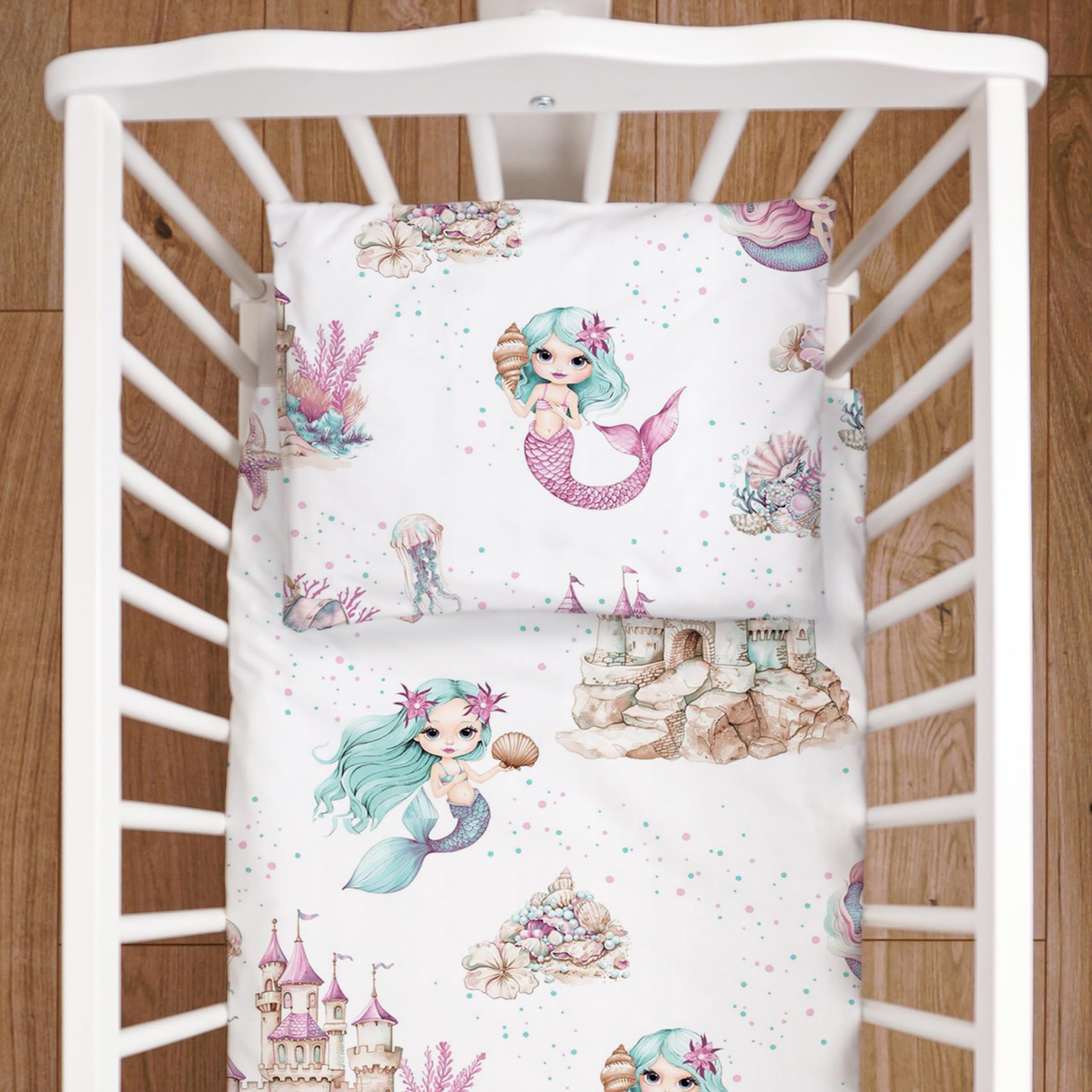 Baby Comfort 4 Piece Duvet Pillow Duvet Cover Pillowcase 80x70 cm Bedding Set 12M+ (Mermaid)