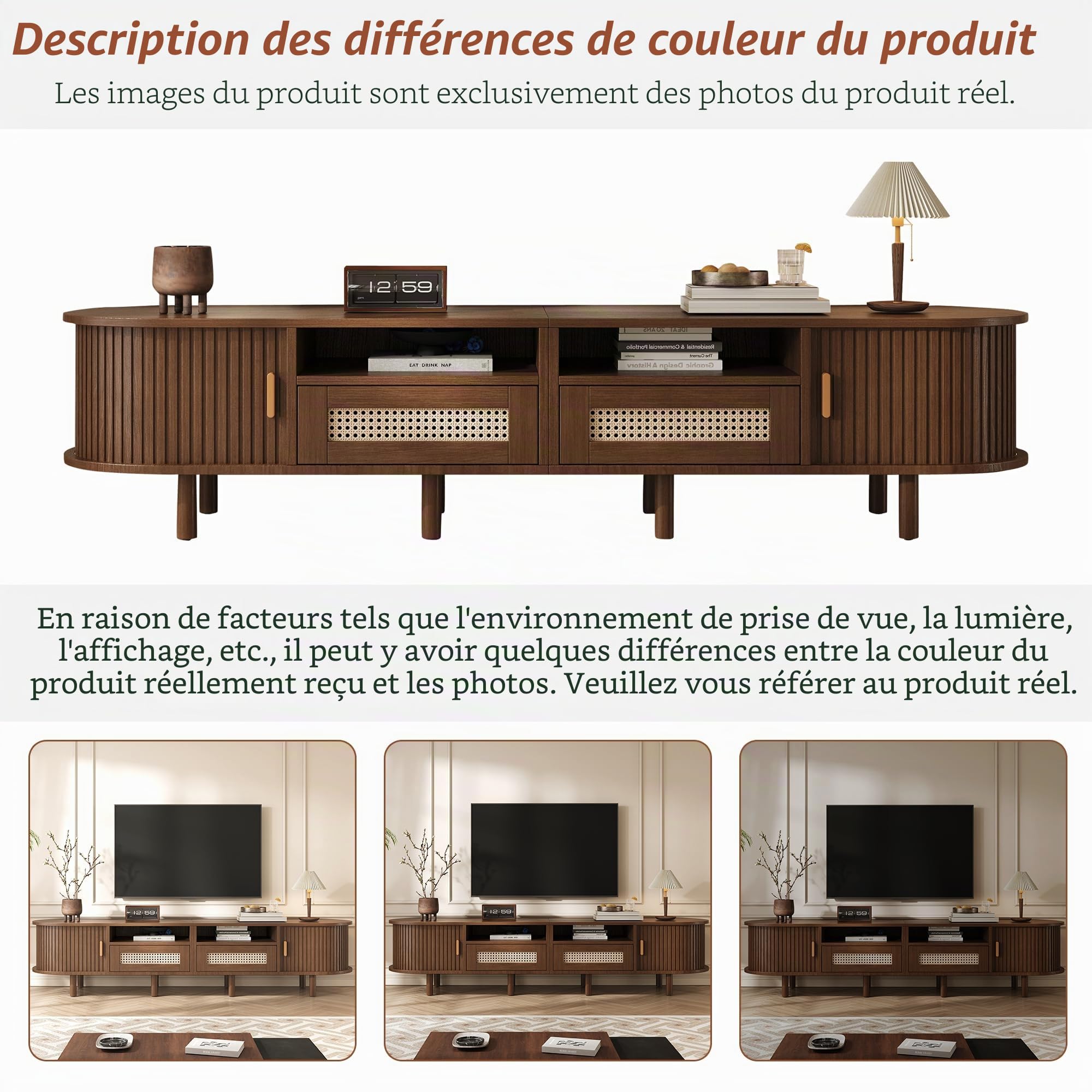Meuble TV, meuble TV bas avec 2 tiroirs en rotin et 2 portes coulissantes, pour télévision et appareils multimédias, pour armoires de salon de 190 cm, pour salon, salle à manger, chambre à