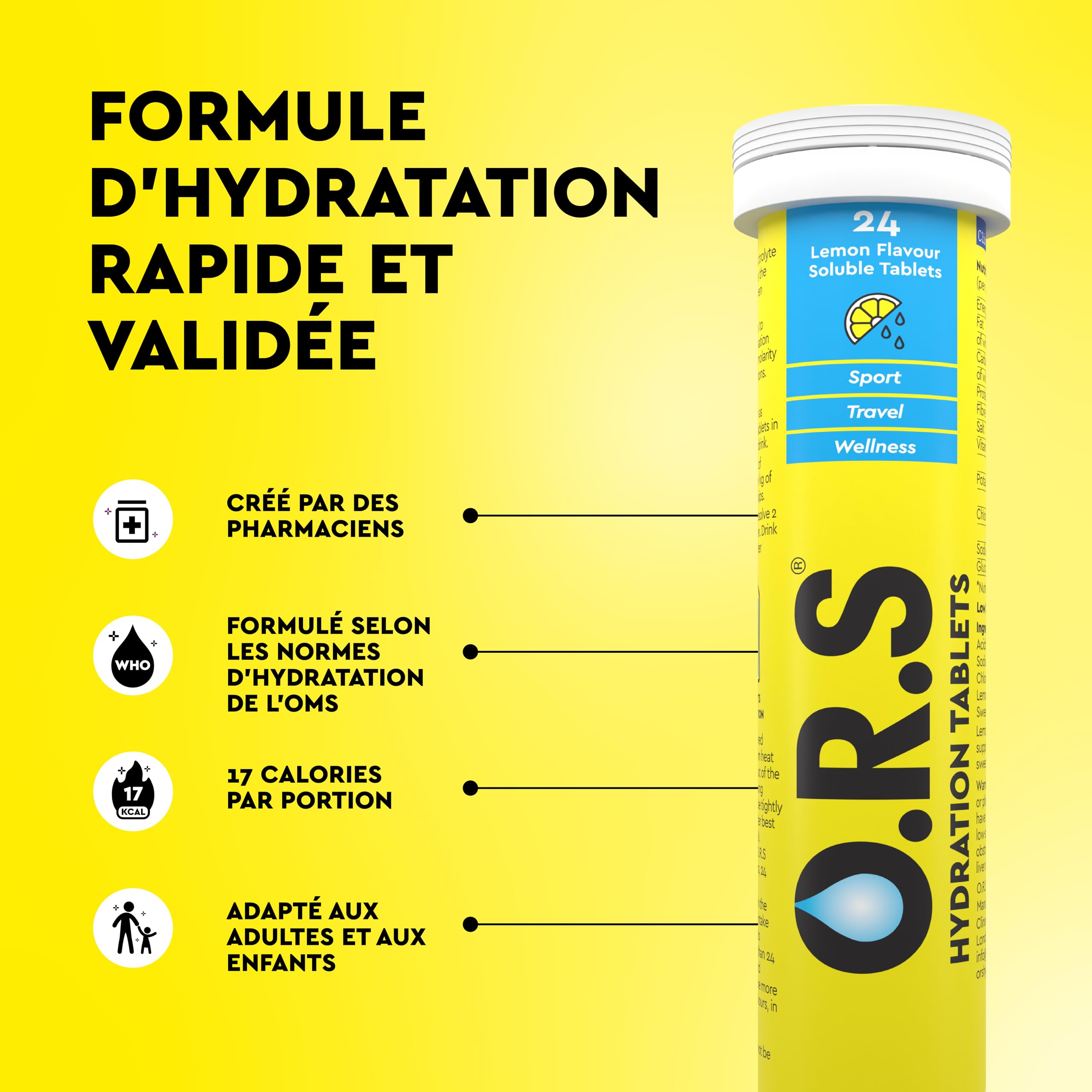 O.R.S Tablettes d'Hydratations avec Électrolytes, Minéraux et Glucose, Végan, Composition Sans Gluten et Lactose - Goût Naturel de FLAVOUR (Citron), 144 Tablettes, 72 portions (Pack de 6 x 24).