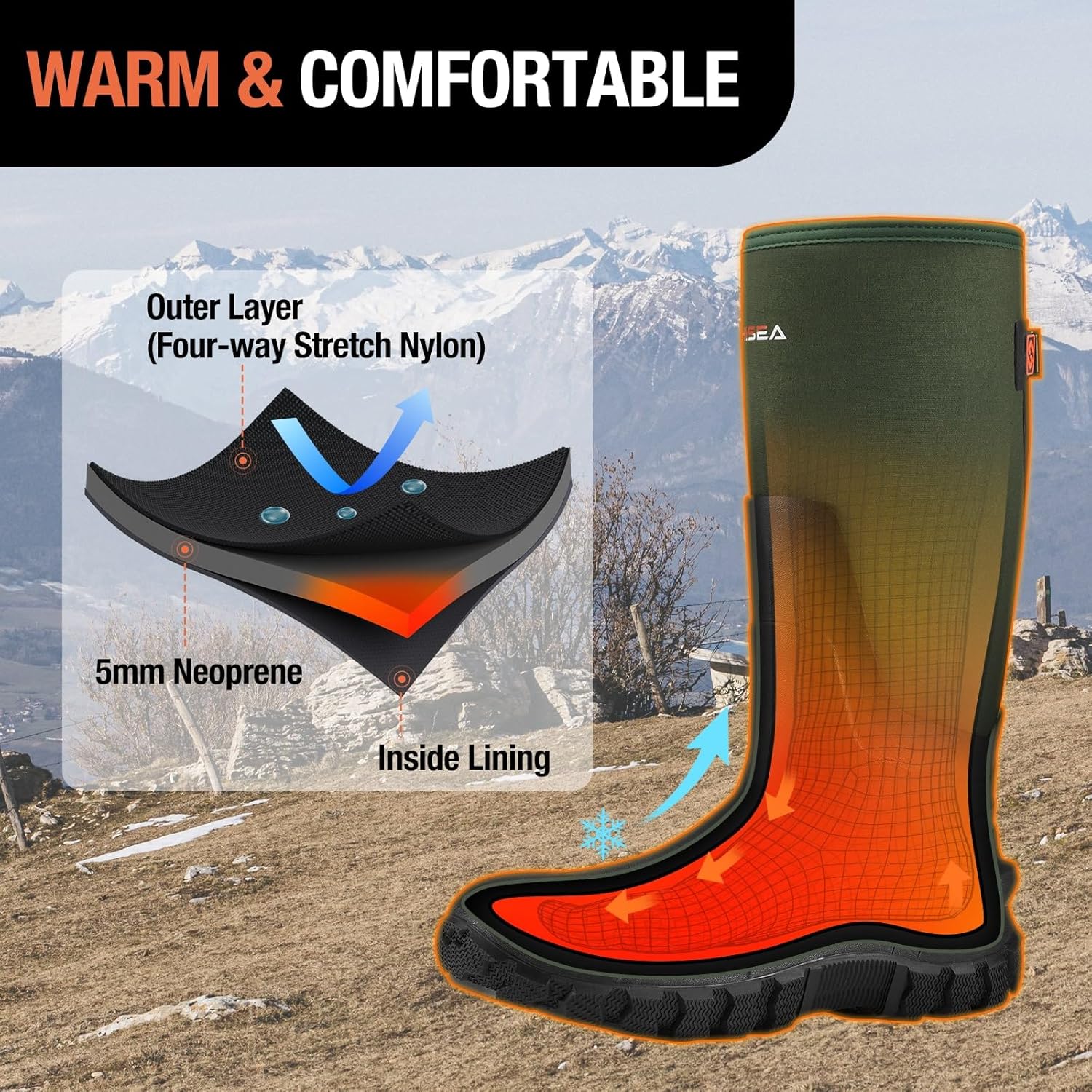 HISEA Upgraded Men's Rain Boots, Waterproof Insulated Neoprene Rubber Boots with Steel Shank, Durable Anti-Slip Outdoor Work Boots for Hunting Gardening Farming Fishing Mud Working, Adjustable Calf - Image 6