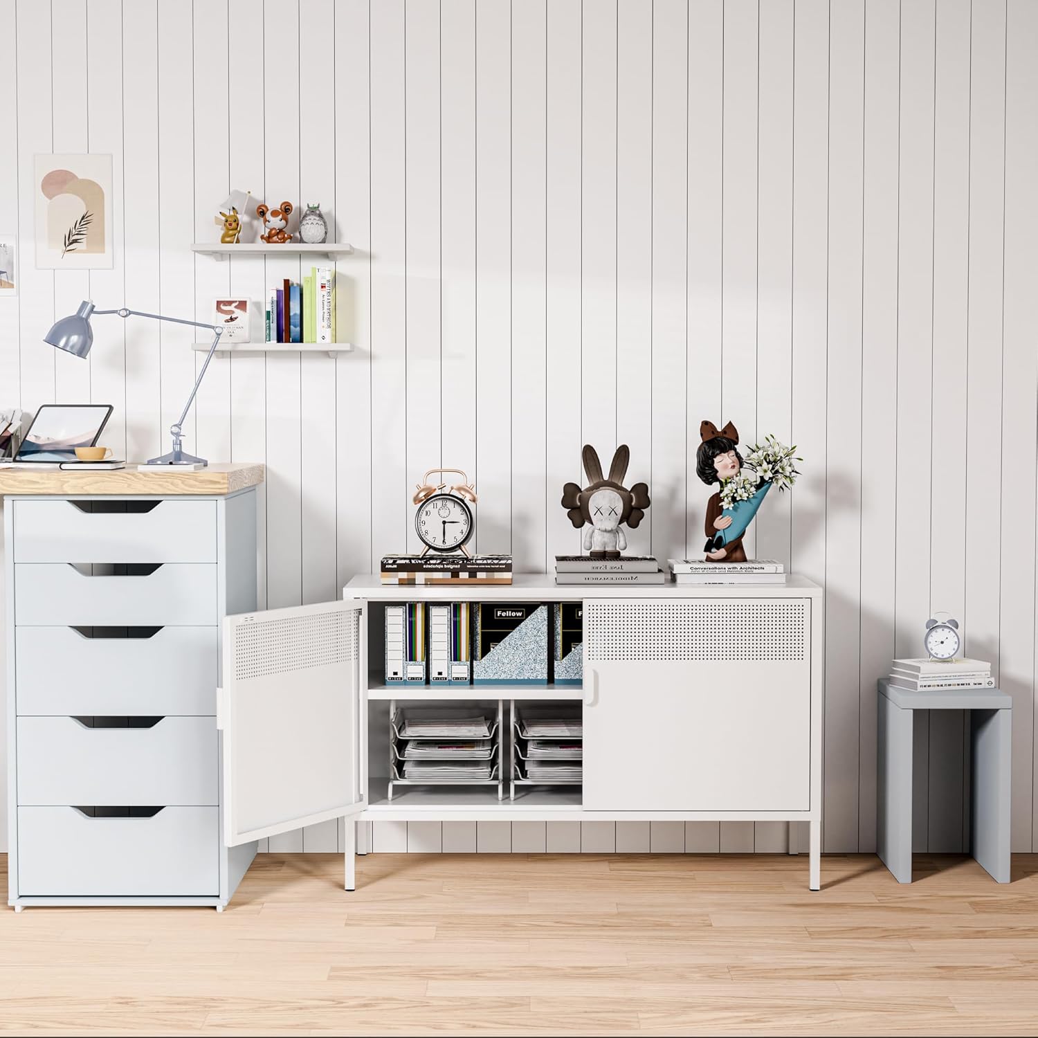 Washsemba 2 Door Storage Sideboard with one door open, revealing an adjustable shelf and organized contents.