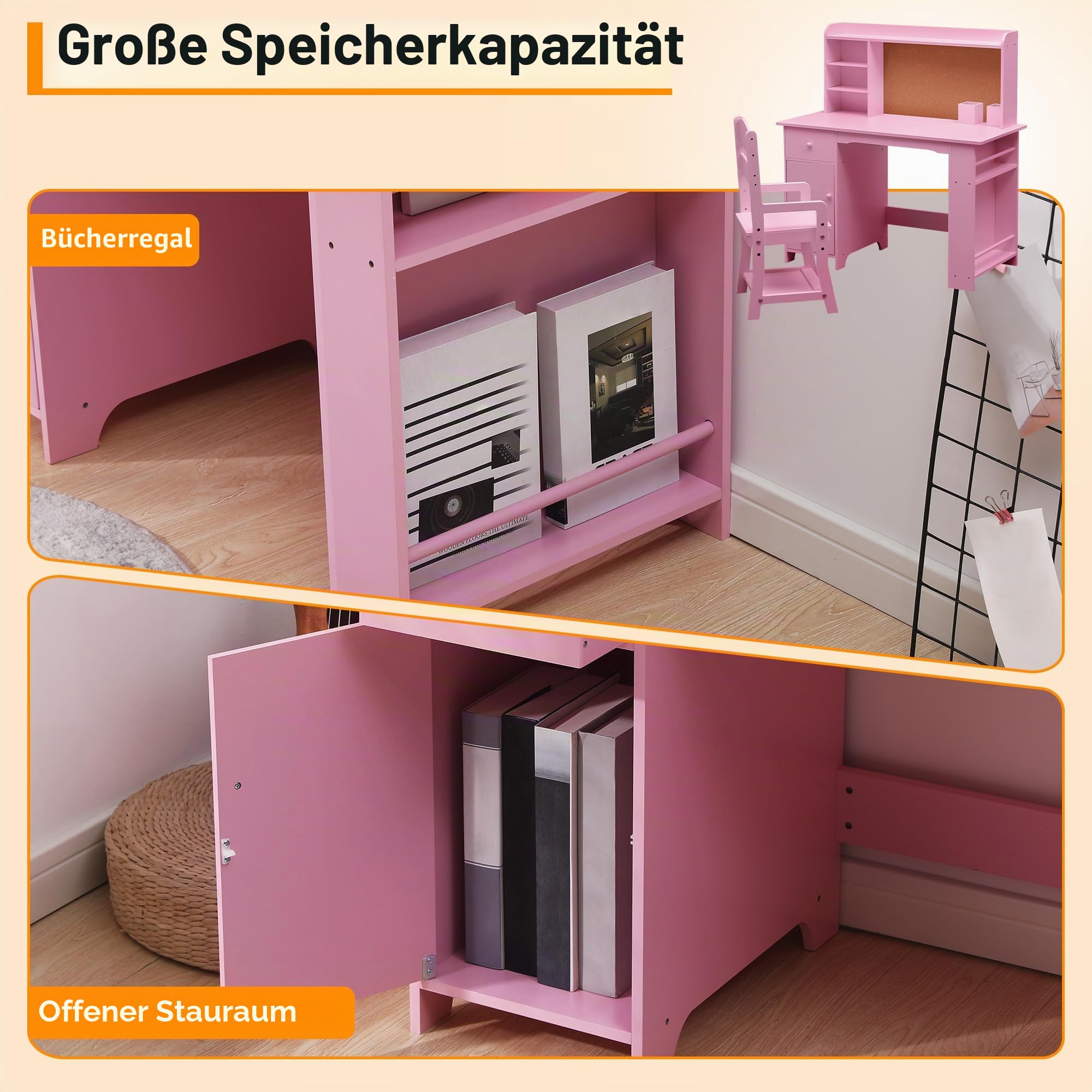 Garvee Kinderschreibtisch, Schreibtisch- und Stuhlset für Jungen und Mädchen, Holzschreibtisch mit Bücherregal, Pinnwand, Schrank und Schublade für Kinder von 3-8 Jahren, Rosa