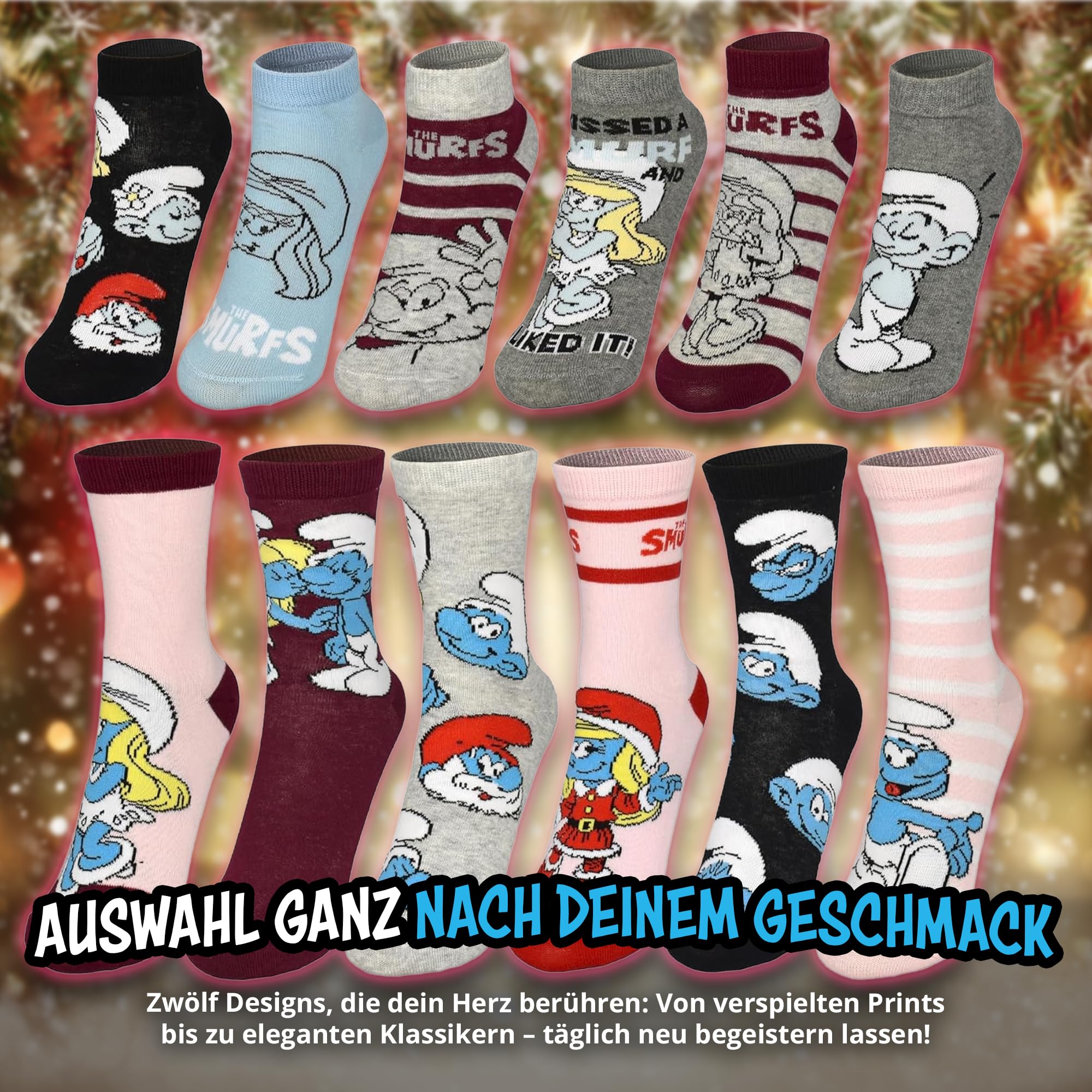 United Labels Die Schlümpfe Adventskalender mit 12 Paar Socken für Damen, Größe 35-41, Kalender mit Sneaker und langen Socken, Weihnachtskalender Geschenk
