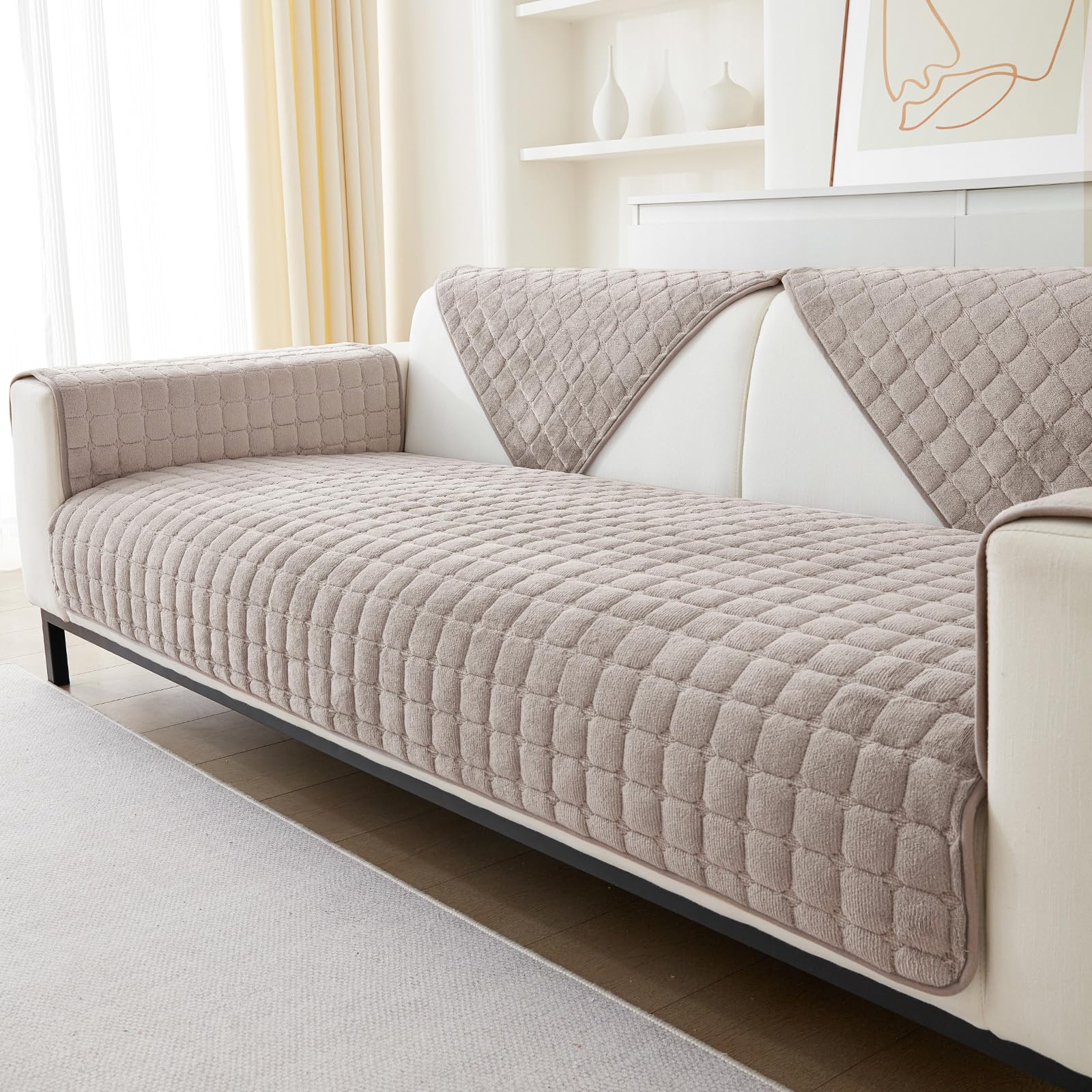 Sofa Cover 1 2 3 Seater Couch Cover, Universal Non-Slip Corner Sofa Cover L Shape Super Soft Velvet Sofa Slipcovers, Home Soft Protector for Living Room(Lightbeige, 70 * 70cm Seater Cover 1 PCS SOLD) โ image 1