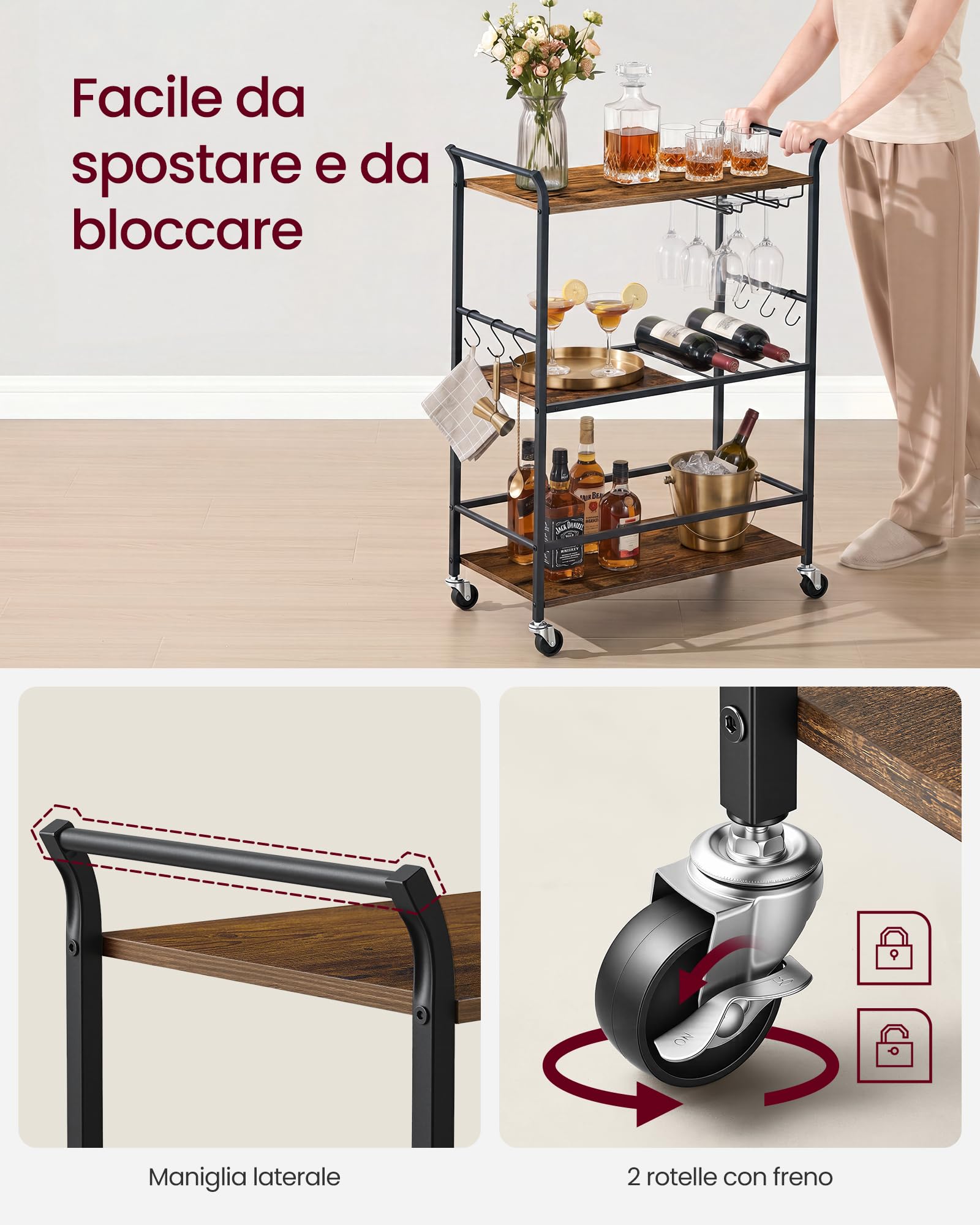 VASAGLE Carrello da Cucina a 3 Ripiani con Ruote, 64,5 x 32 x 85,5 cm | Carrello Bar in Acciaio e Truciolato, Portabottiglie e Porta Calici, Vintage e Nero Opaco, Collezione BARNET LRC200K101