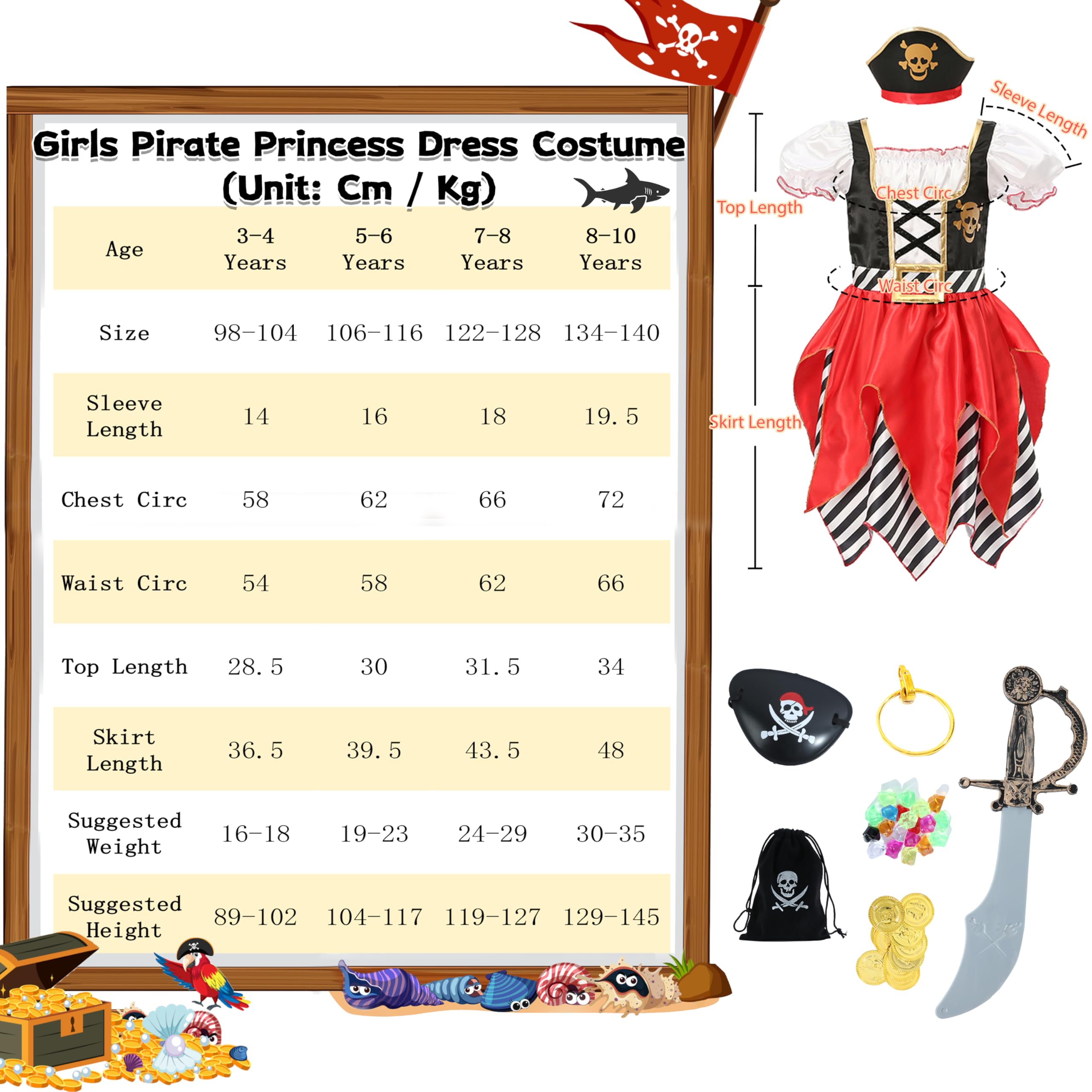 Costume pirata per bambini, Costume pirata di lusso Cosplay Dress Up Set per ragazzi, Costume pirata di lusso principessa per ragazze, Costume pirata con accessori per bambini 3-10 anni