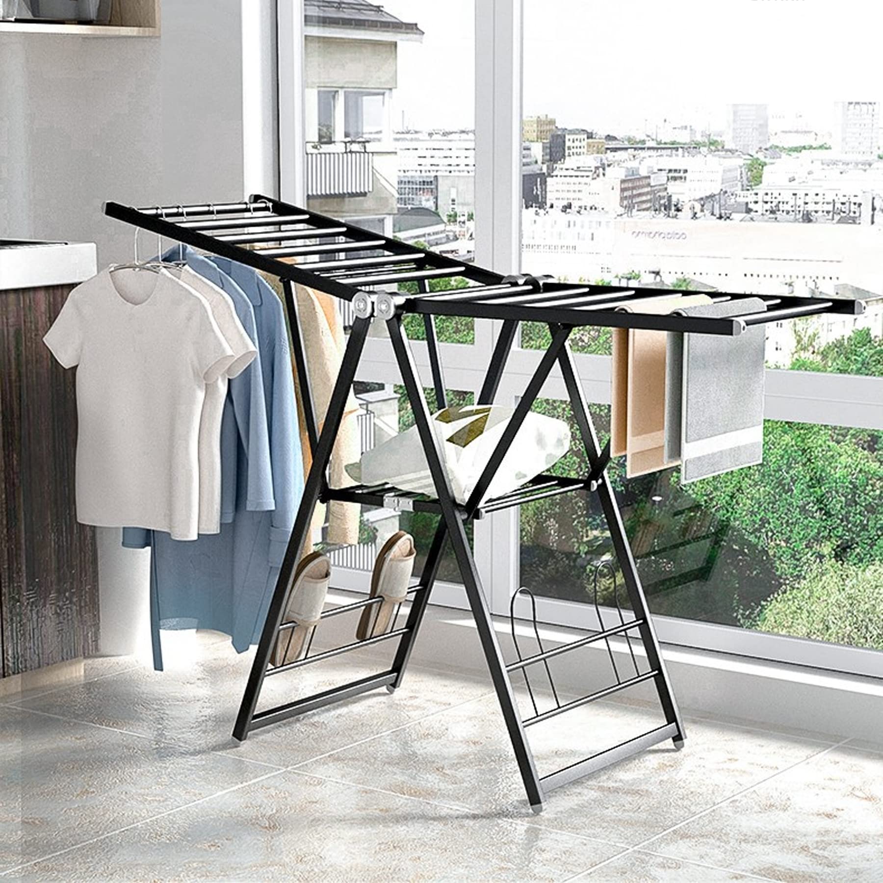 Faltbarer Wäscheständer, 2-stufiger Wäscheständer, höhenverstellbare Flügelflügel, Edelstahl, großes faltbares Design für einfache Lagerung, 1,3 m