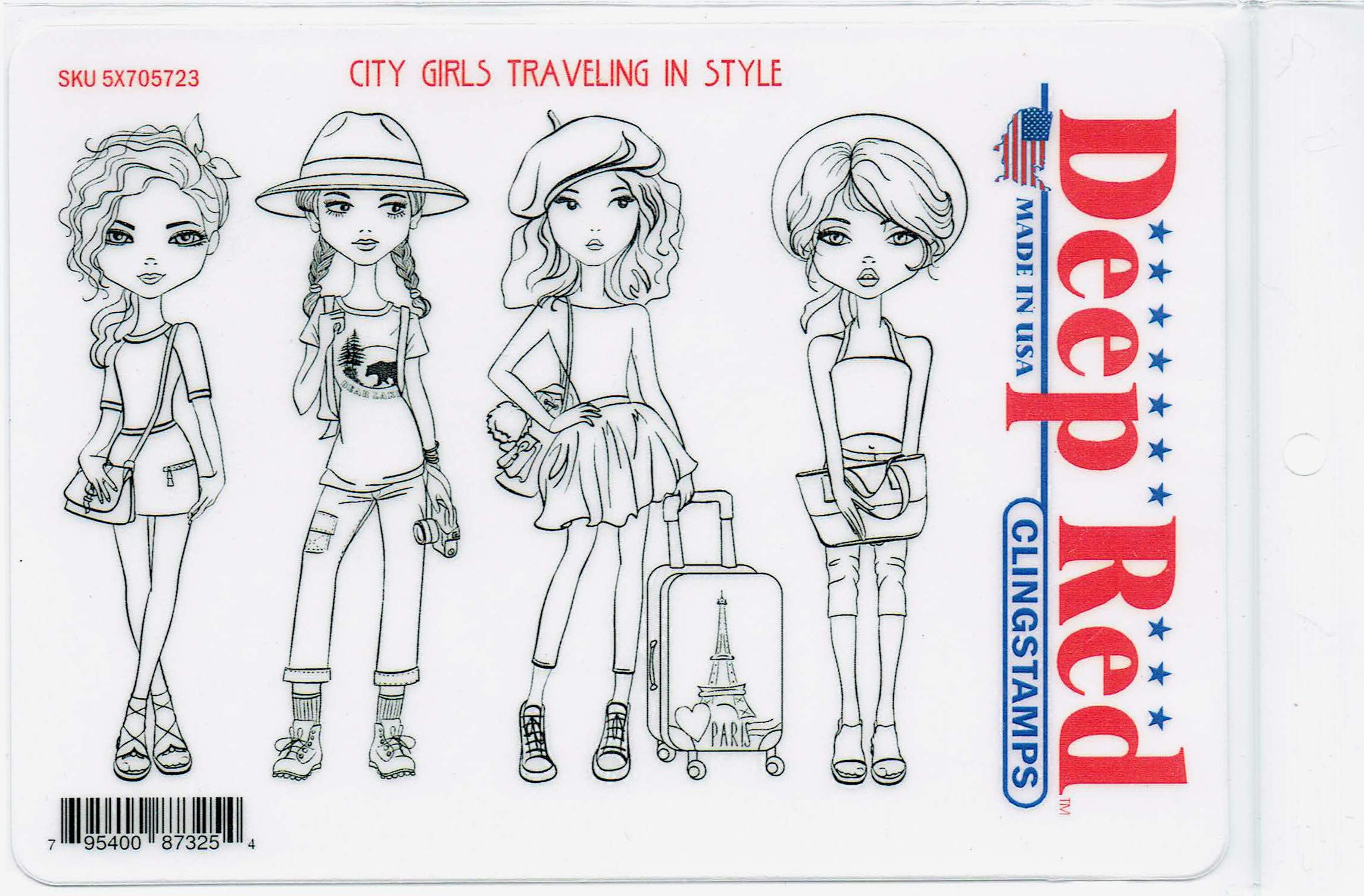 Deep Red Cling Stamp 5"X7"-City Girls Traveling In Style
