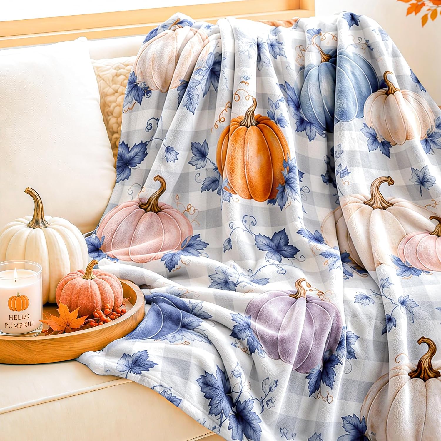 Fall Pumpkin Throw Blanket, 50x60 Inches Cozy Soft Flannel Fleece Blankets for Couch Sofa Bed, Rustic Watercolor Gingham Check Buffalo Plaid Autumn Thanksgiving Harvest Decorative Gifts for Women Kids