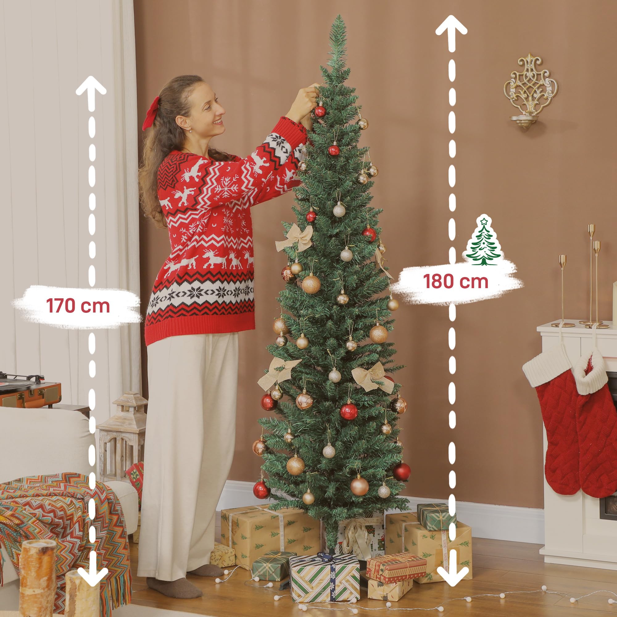 HOMCOM Árbol de Navidad Estrecho 180 cm, Árbol de Navidad Artificial con 321 Ramas, Soporte Metálico, Fácil de Montar, Decoración para Interior, Hogar, Oficina, Verde