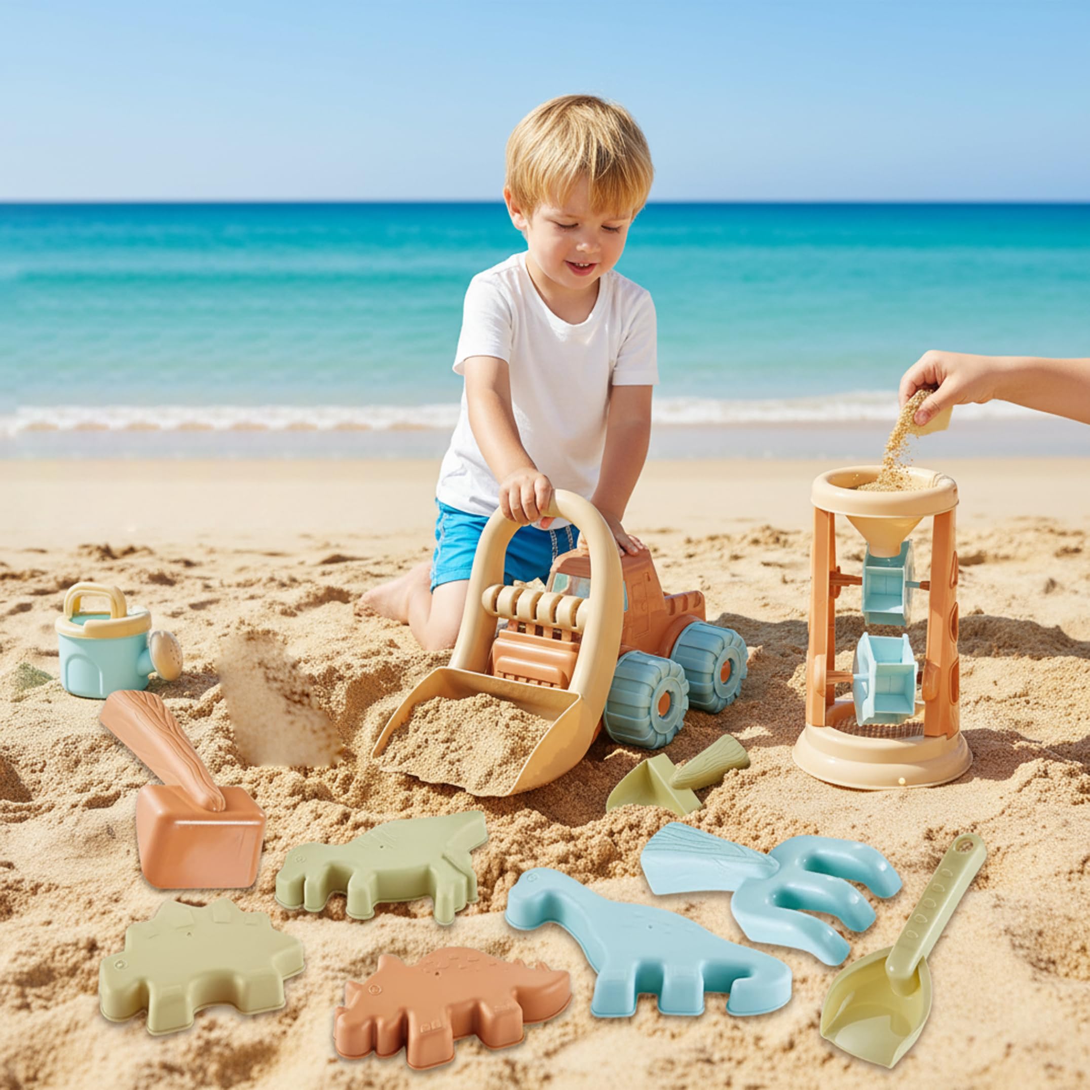 Juguetes de Caja de Arena, Juguetes de Arena de 19 Piezas para niños pequeños de 1 a 3 años: Juego de de Playa con Reloj de, Carrito, moldes y Palas