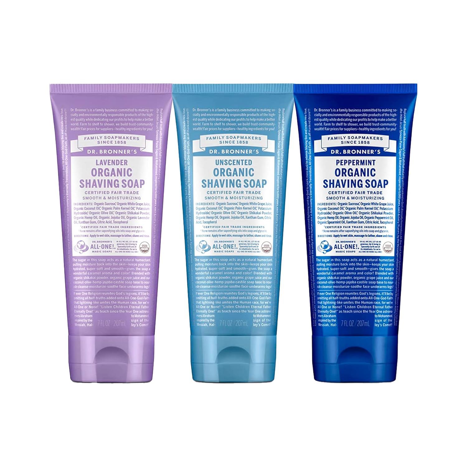 Dr. Bronner's Organic Shaving Soap 3-Pack (7oz): Lavender, Unscented & Peppermint - Fair Trade, Moisturizing for Face, Underarms & Legs