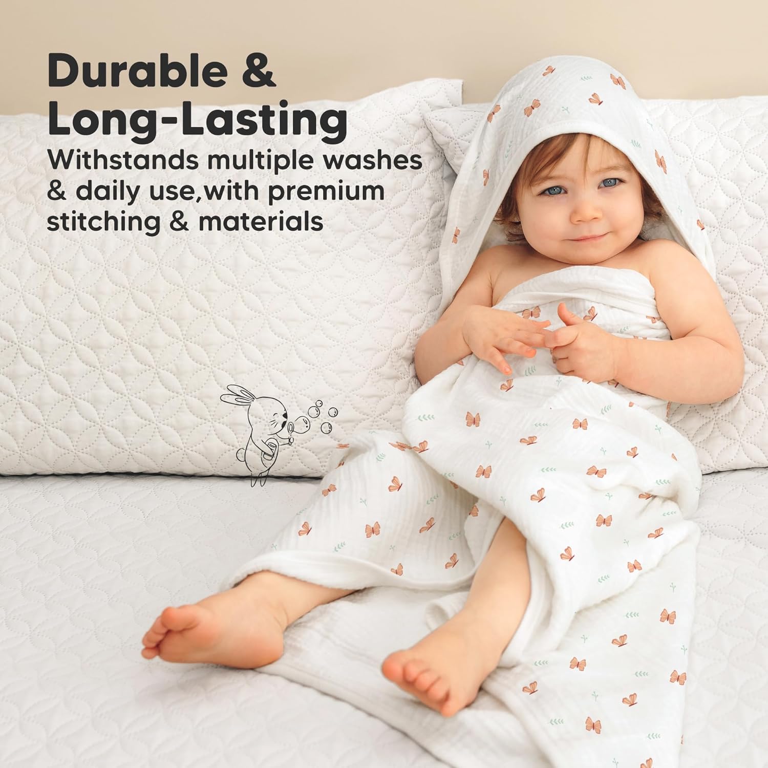 KeaBabies Muslin Baby Bath Towels with Hood for Girls, Boys -Large Organic Cotton Hooded Baby Towels for Newborns,Toddlers,Infant,Kids,Soft Absorbent Newborn Bath Essentials Gift Set(Monarch, Regular) - Image 7