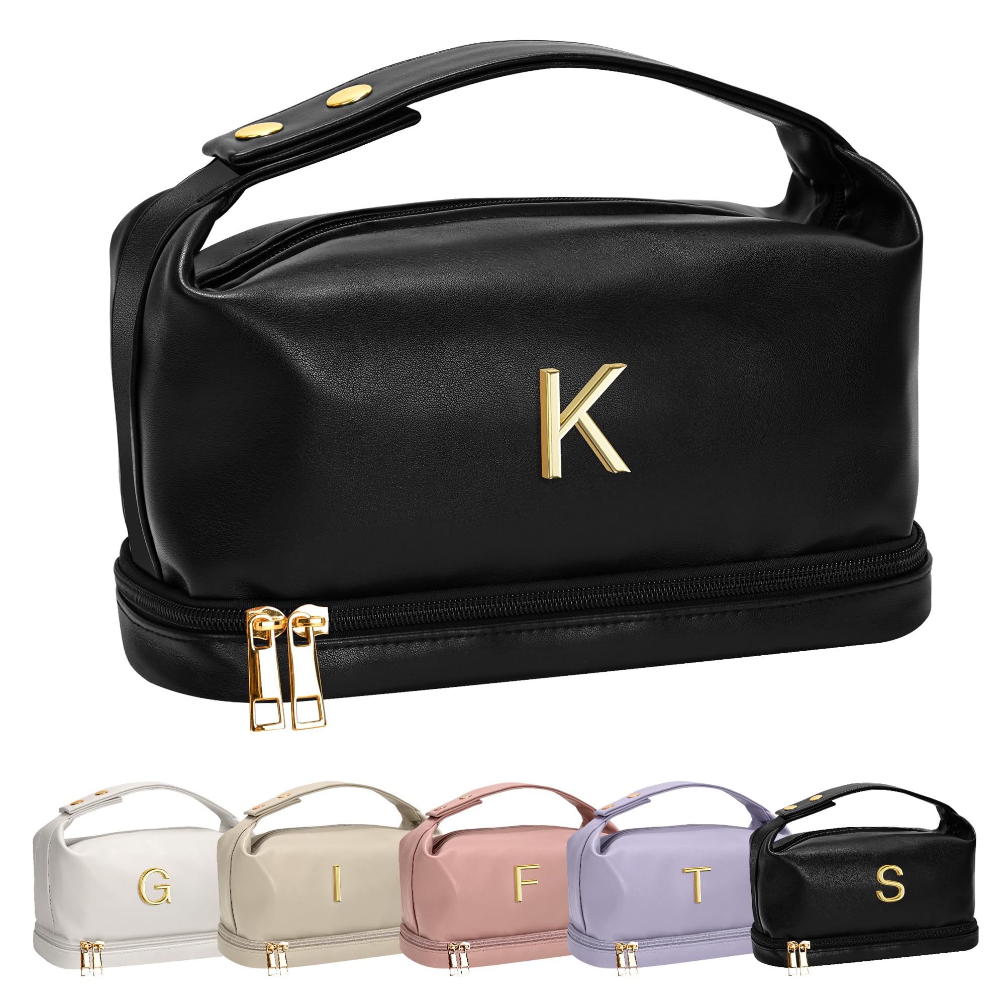 Vogewood College Girls Gifts, Monogrammed Gifts for Women Makeup Bag with Handle, Double Layer Cosmetic Bag with Makeup Brush Organizer, PU Leather