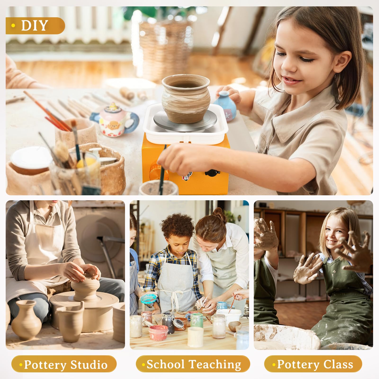 Tour de Potier, Kooeuru Tour Poterie 2000 tr/min Vitesse Réglable avec Plaques de 10/6,5 cm, Outils de Façonnage et Bassin Amovible, Tour Potier Poterie Enfant et Adultes (Jaune)