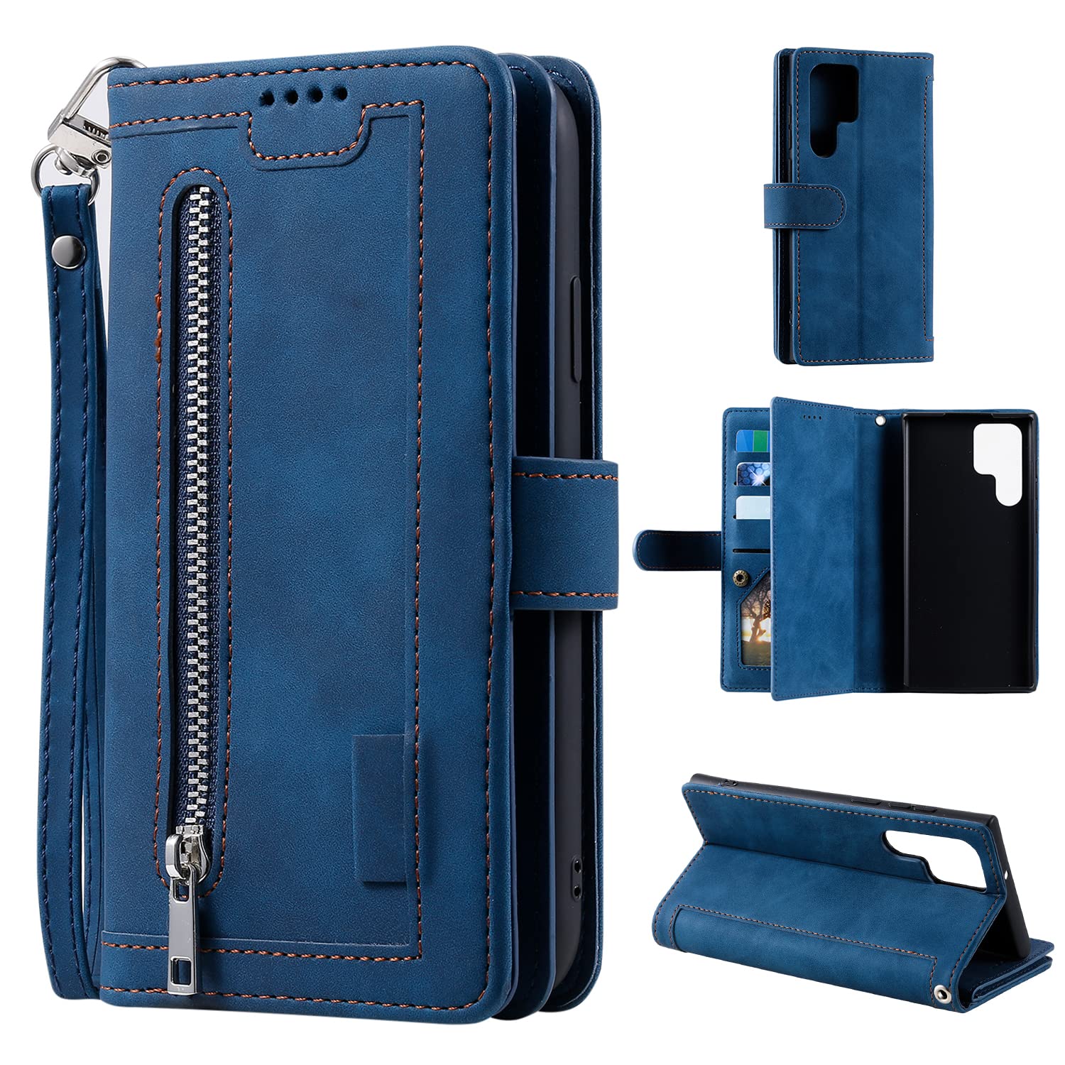 EYZUTAK Funda tipo cartera para Samsung Galaxy S24 Ultra, retro mate con 9 ranuras para tarjetas, bolsillo con cremallera, piel sintética, cierre magnético, función atril con correa para la muñeca, fu