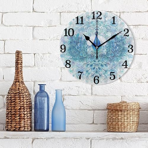 Miniatura 3 de KLL Mandala Peacock Pattern Blue 10 Inch Round Wall Clock Retro no Ticking Noise Deco for Dining Room School Bathroom reloj de pared para cuartos