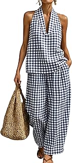Womens Summer Gingham 2 Piece Set Halter Neck Sleeveless Top Pant Sets Casual Cotton Lounge Outfits with Pockets(2301-Navy-L-QB)