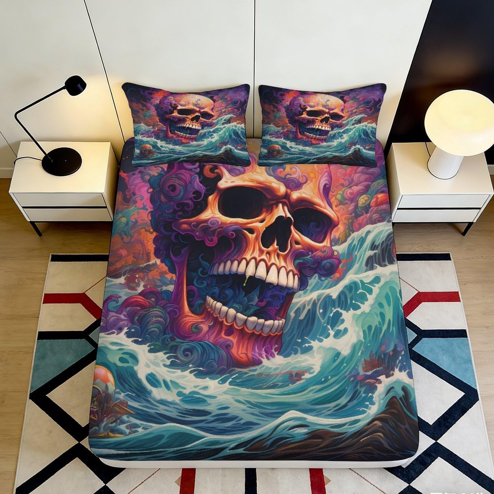 3D Printed Skull Ocean Fitted Sheet Microfiber Anti-Slip Vibrant Bed Cover for Bedroom Dorm Room Mattress Protection 120x200x25cm