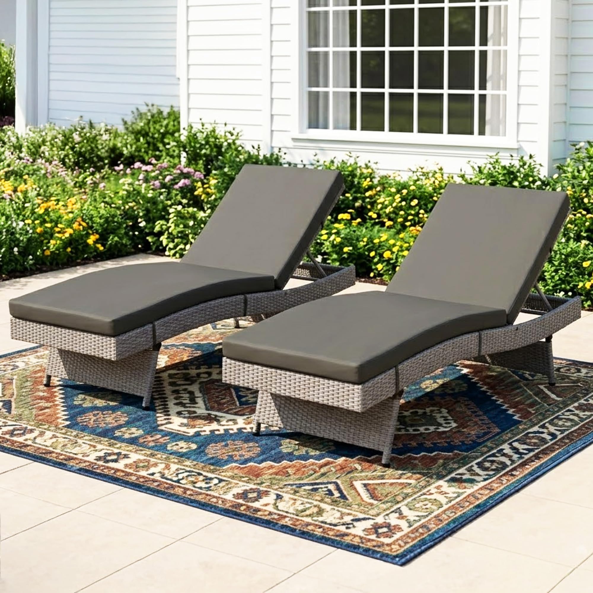 DEVOKO Set of 2 Outdoor Patio Recliner Lounger Chair 5 Position Adjustable Backrest with All Weather Wicker Waterproof Cushion Sun Lounger for Poolside, Garden Balcony (Silver & Dark Grey), 20x20 cm discount deal