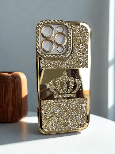 Bling Diamond Crown Case for iPhone 15 Pro Max, Gold Glitter