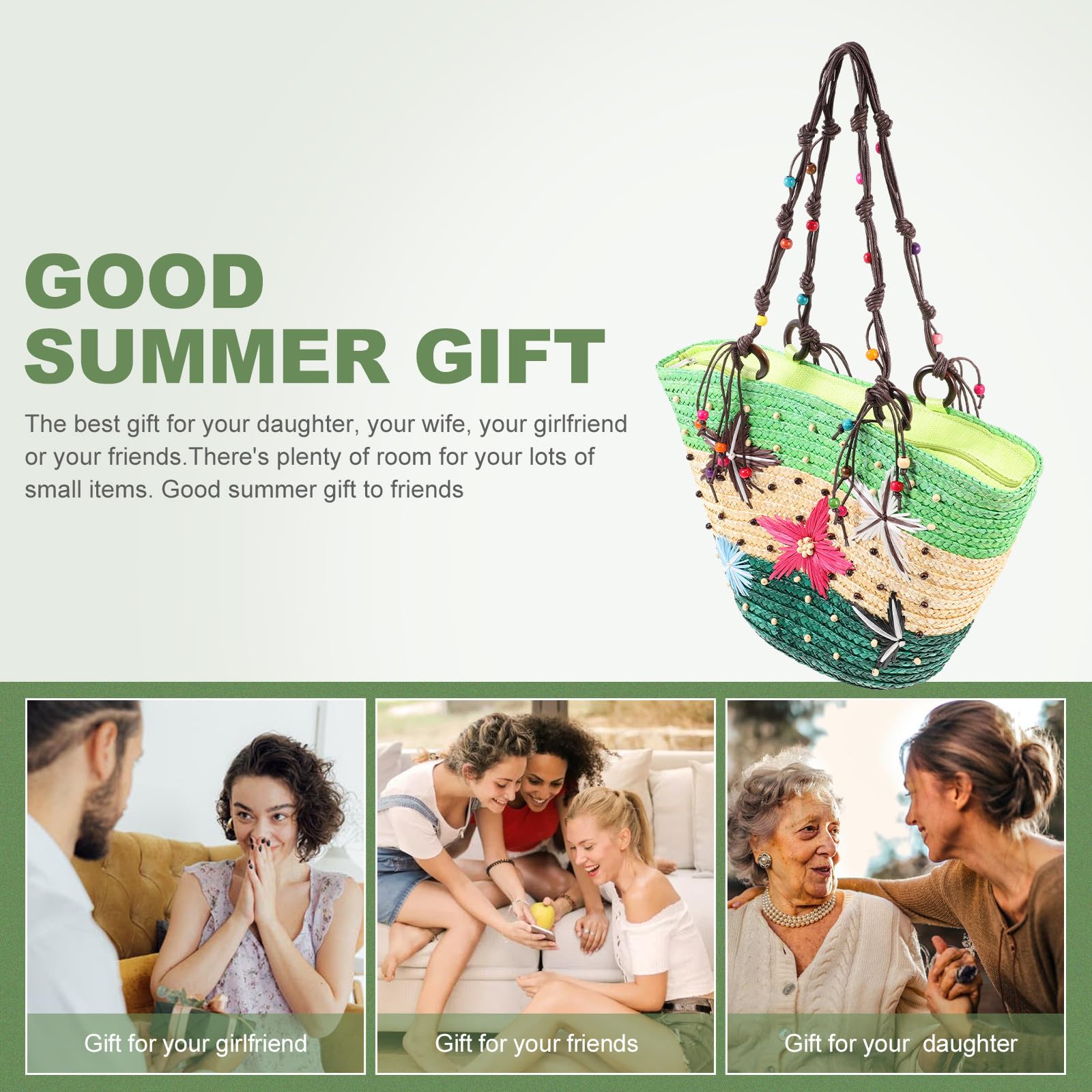 Bolso de Playa de Paja Tejido a Mano Decoracion Verano Verde