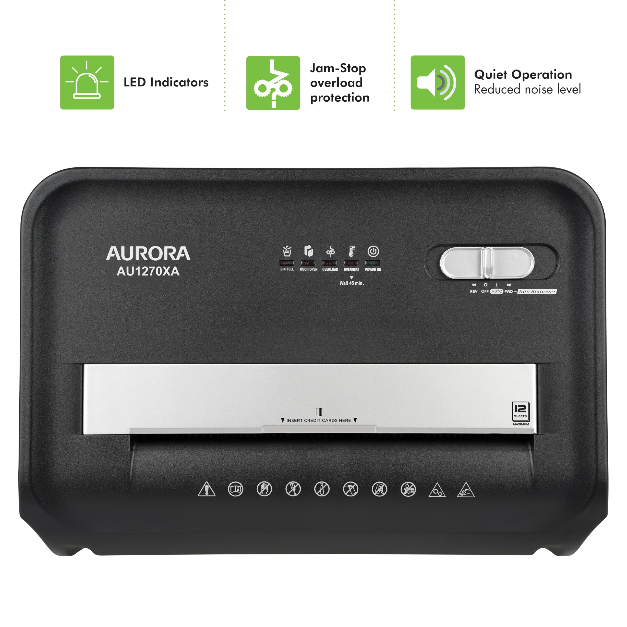 Aurora AU1270XA - Trituradora de Papel de Corte Cruzado P-4 de Grado Profesional de 12 Hojas y Tarjeta de crédito/Tiempo de Funcionamiento Continuo de 20 Minutos