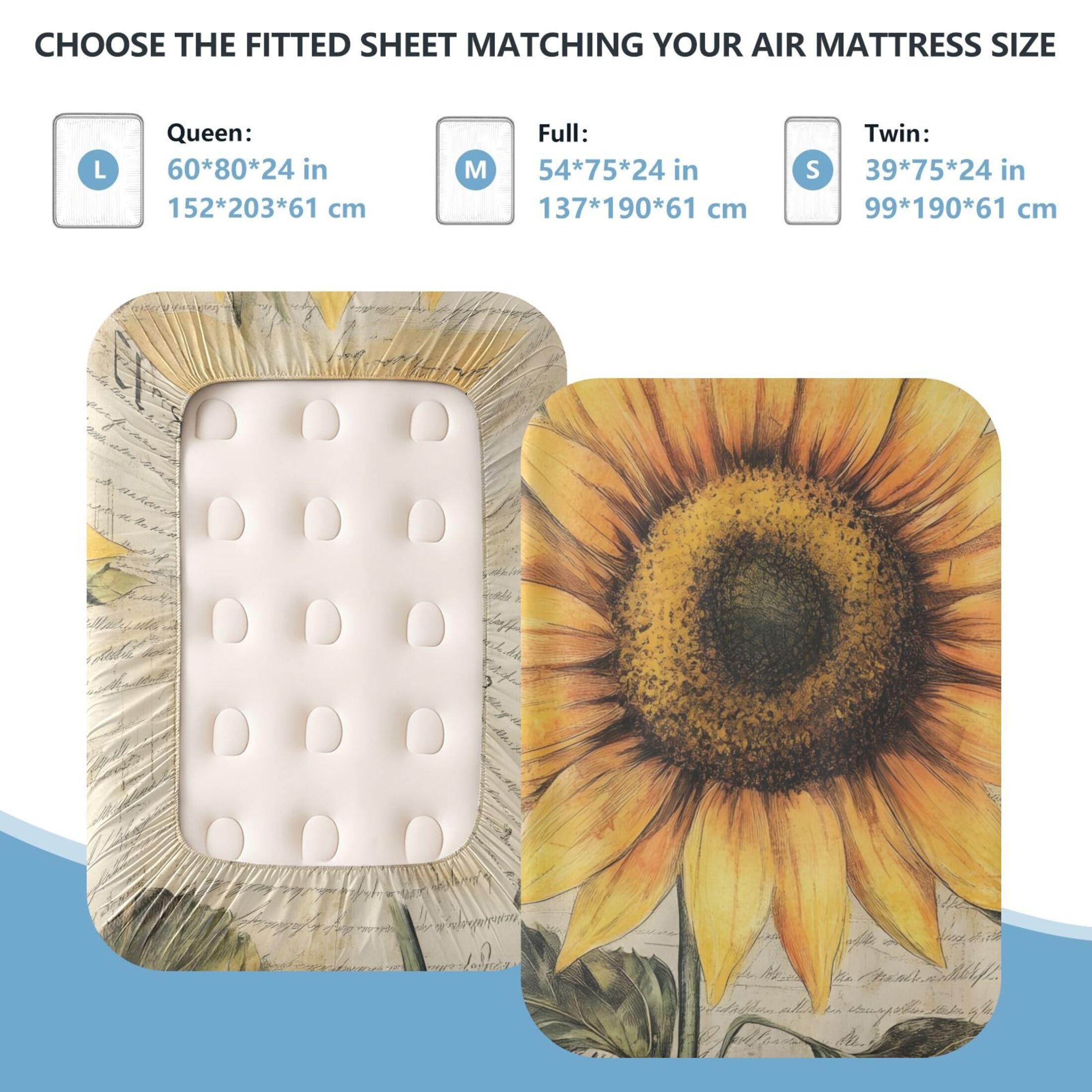 Sábana bajera ajustable de tamaño individual con diseño de girasol vintage para colchón de aire, bolsillo extra profundo de 24 pulgadas, funda suave y transpirable con apertura de válvula de