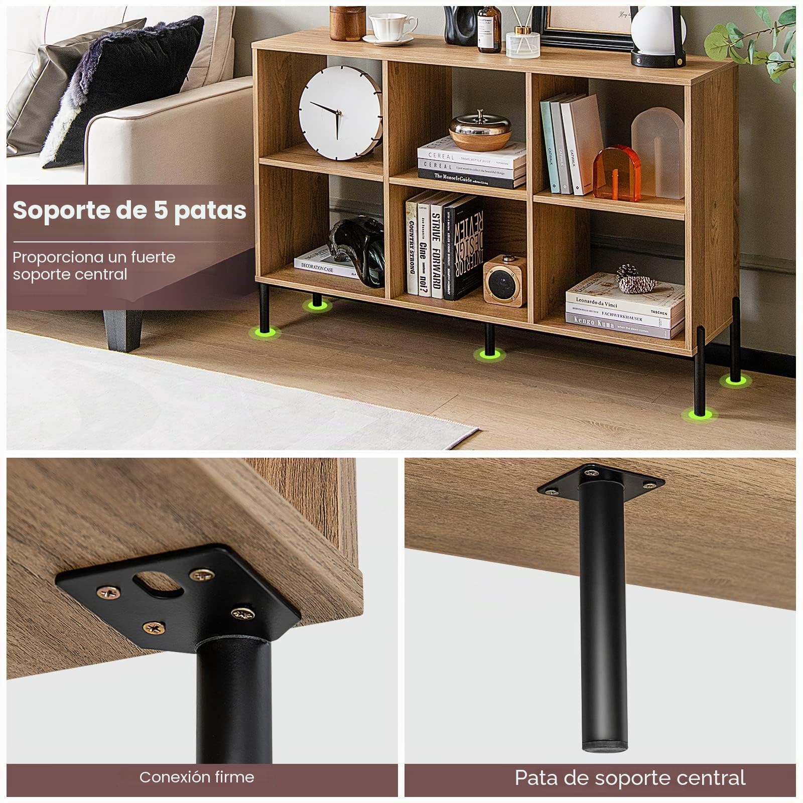 GIANTEX Librería de 3 Niveles, Estantería Abierta de Madera de de 6 Cubos con Patas de Metal, Mueble Independiente con Estante Ajustable para Estudio, Sala de Estar, Oficina en Casa (Natural)