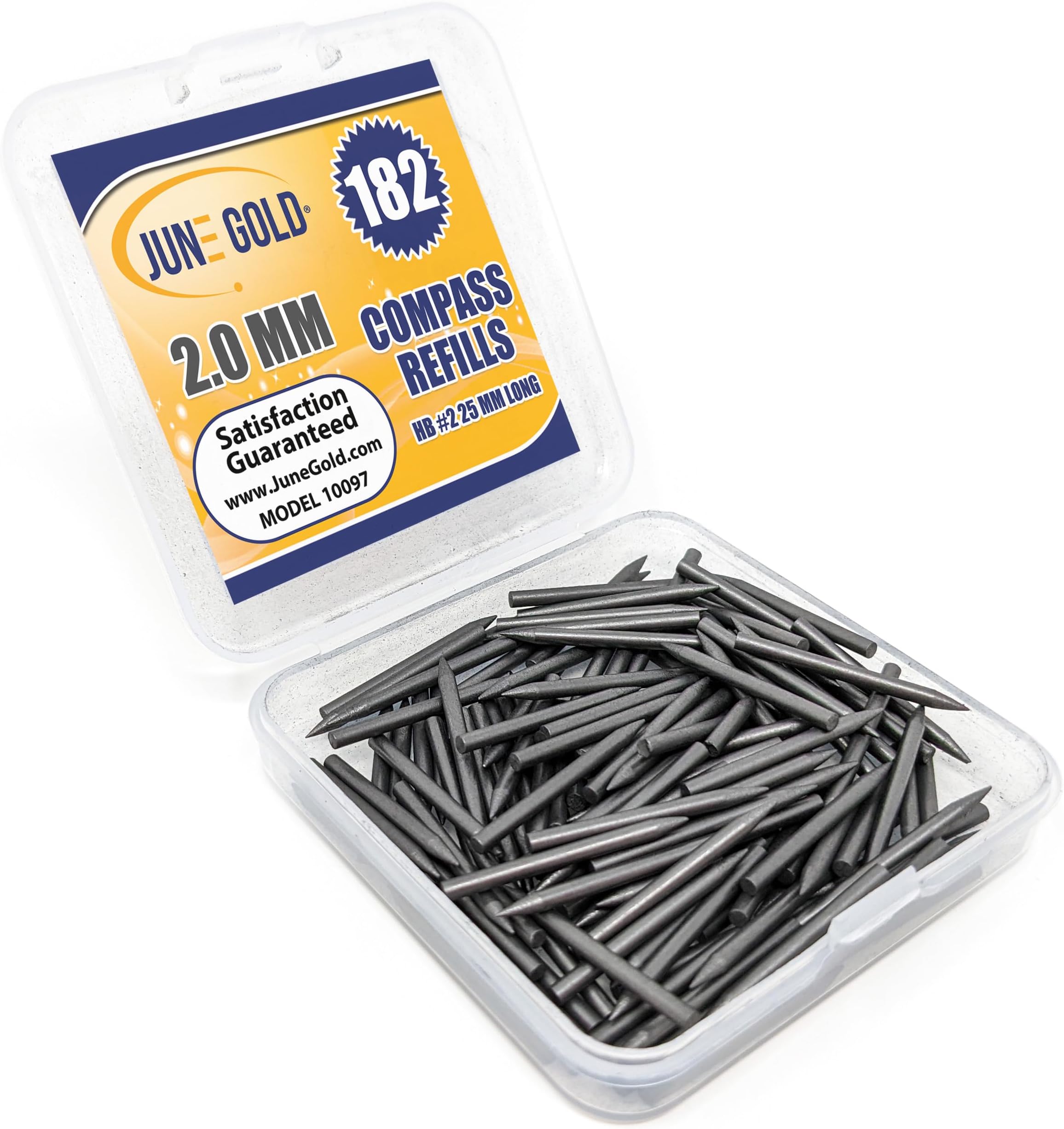 June Gold 144 Compass Refills, 2.0 mm HB #2 Lead Refills, 25 mm Length, Sharp Point, Break Resistant Lead/Graphite