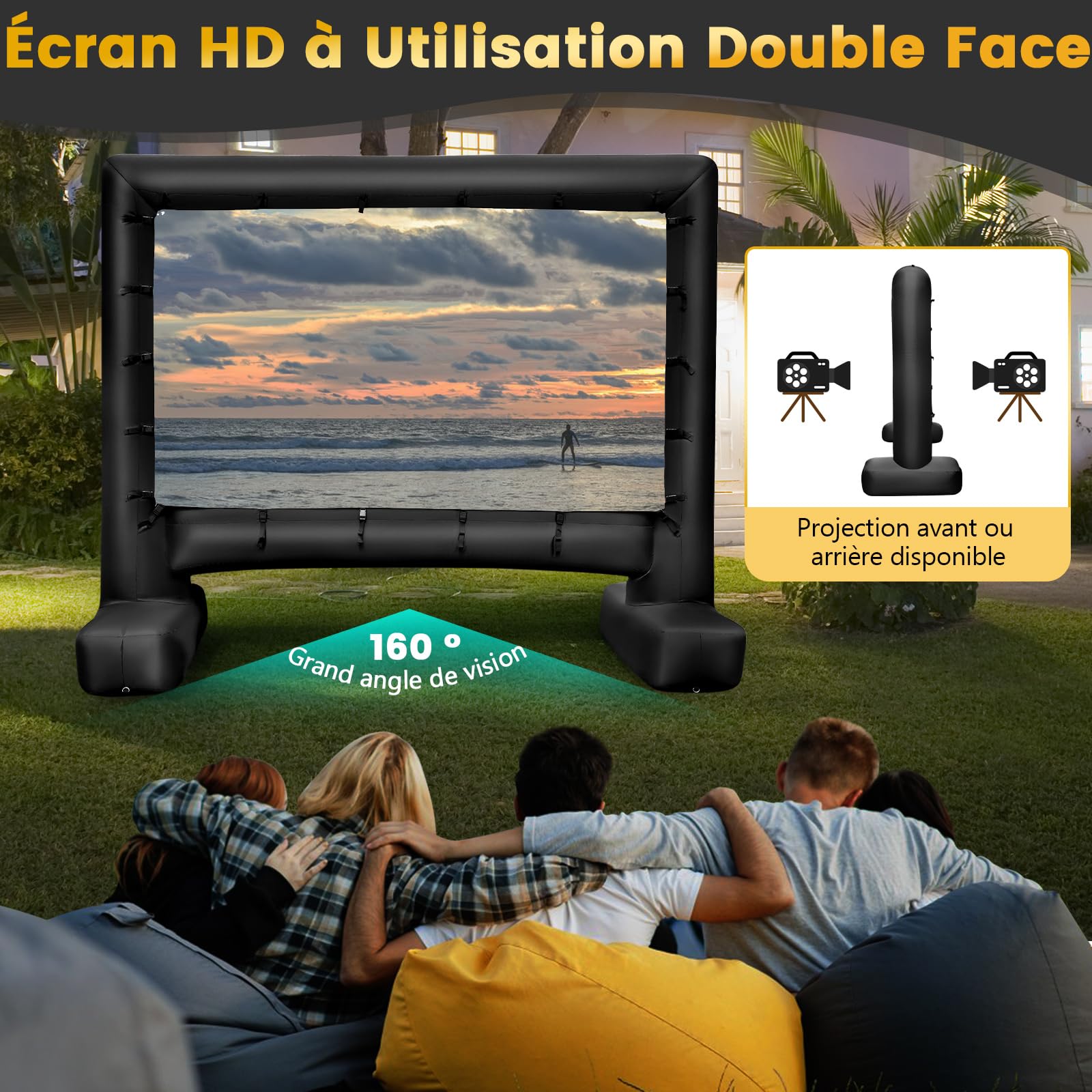 COSTWAY Écran de Projection Cinéma Gonflable 16:9 avec Souffleur d'air, Écran de Cinéma avec Sac de Transport Piquets de Sol Projection Double Face, pour Soirée Cinéma (257 x 144 cm)