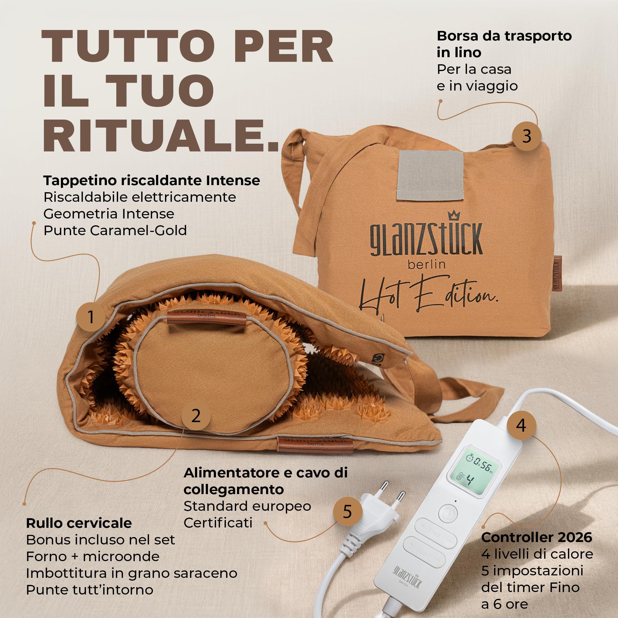 Glanzstück Berlin® Health Collection: Set di tappetini per agopressione XL Hot Edition Intense, riscaldabile elettricamente in lino, aiuto per tensioni, mal di schiena, tappetino massaggiante con