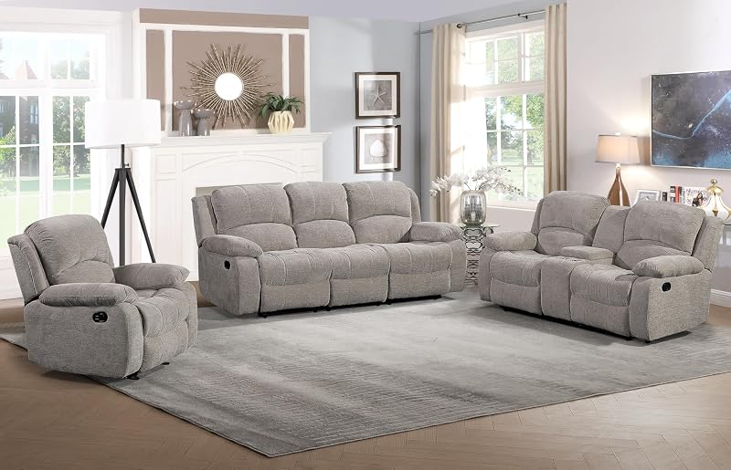 Soft Microfiber Reclining Sofa Set, Drop Down Table, Cupholder Console, Living Room Set, Sofa Loveseat Glider Chair 8018M (Light Grey, Sofa+Loveseat+Chair)
