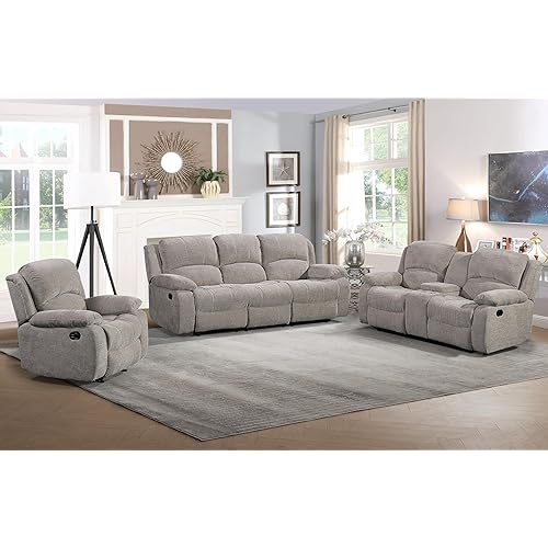 Betsy Furniture Soft Microfiber Reclining Sofa Set, Drop Down Table, Cupholder Console, Living Room Set, Sofa Loveseat Glider Chair 8018M (Light Grey, Sofa+Loveseat+Chair)
