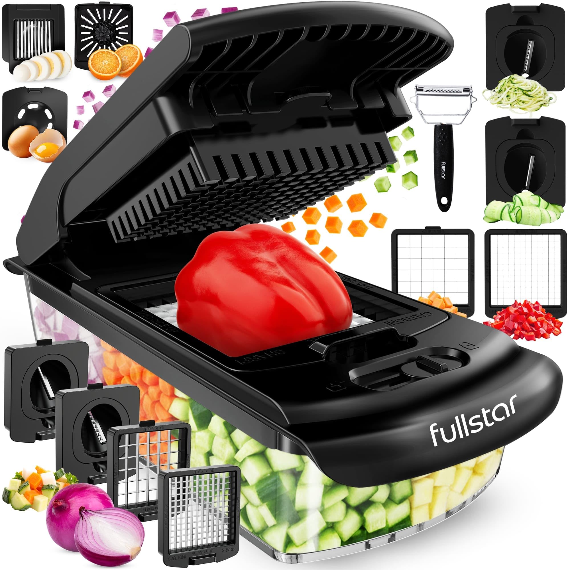 fullstar 9-in-1 Deluxe Vegetable Chopper Vegetable Cutter - Spiralizer Vegetable Slicer Dicer - Onion Chopper Food Chopper Veggie Chopper - Juicer Peeler Egg Slicer & Separator - Kitchen Gadgets Black