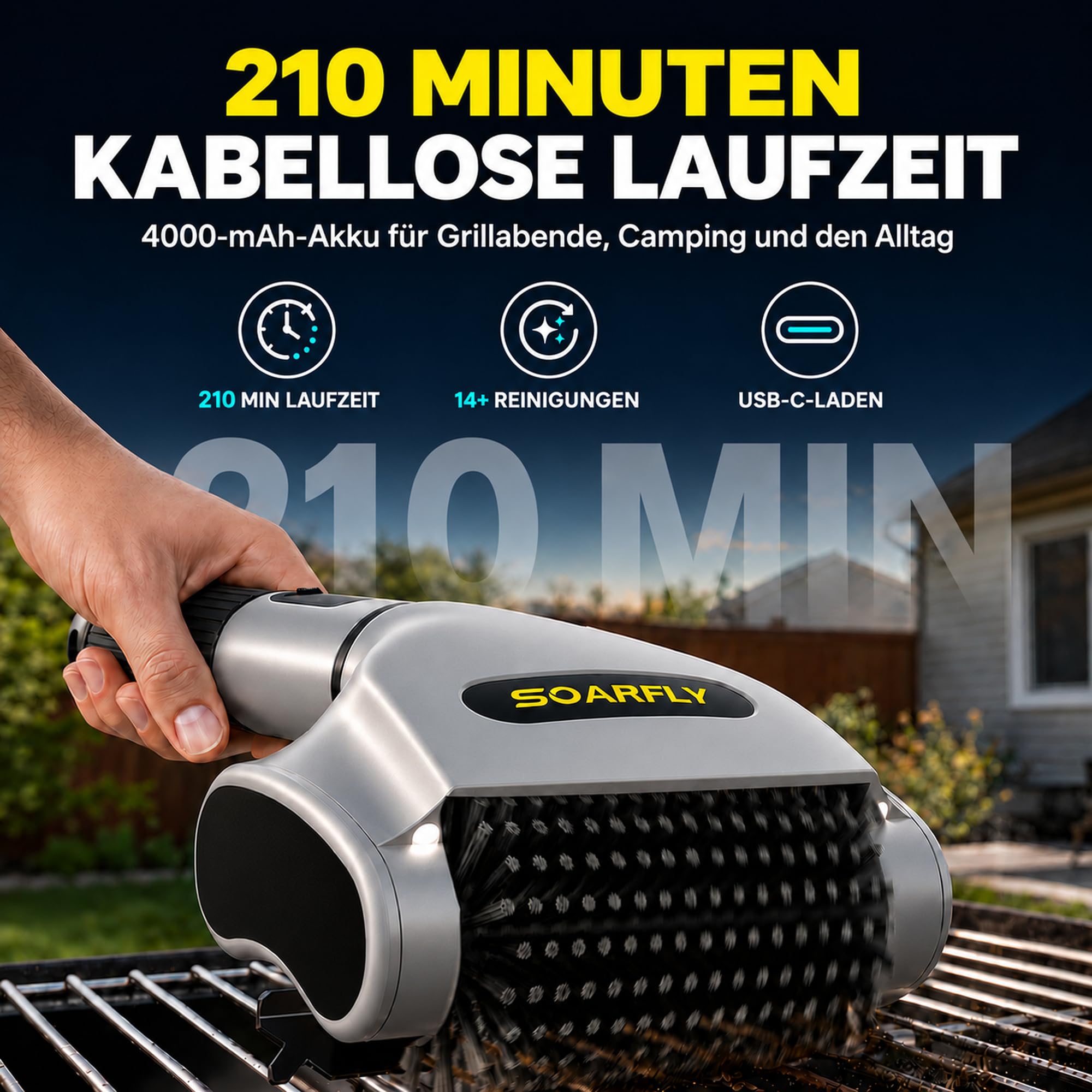 SOARFLY Elektrische Grillbürste, Grillbürste mit Einer Laufzeit von 210 Min bei 800 U/min, 20 kg Drehmoment & Zwei LED-Leuchten, Elektrische Reinigungsbürste für Männer und Grillfans