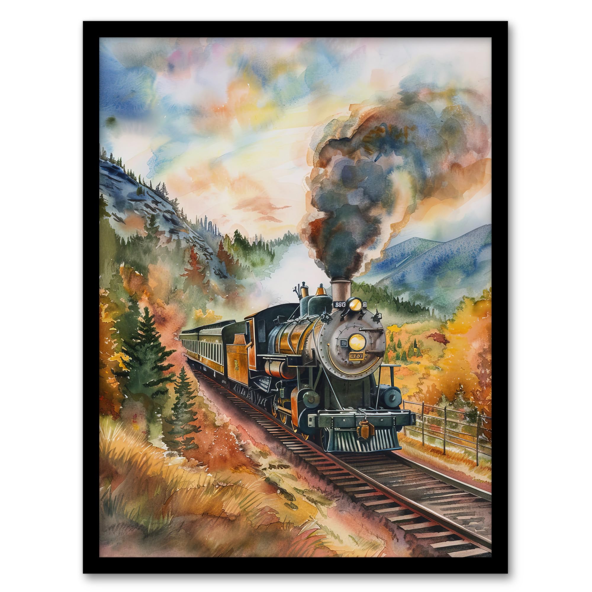 Artery8 Locomotive Train Passing Through Autumn Forest Living Room Artwork Framed Wall Art Print 18X24 Inch