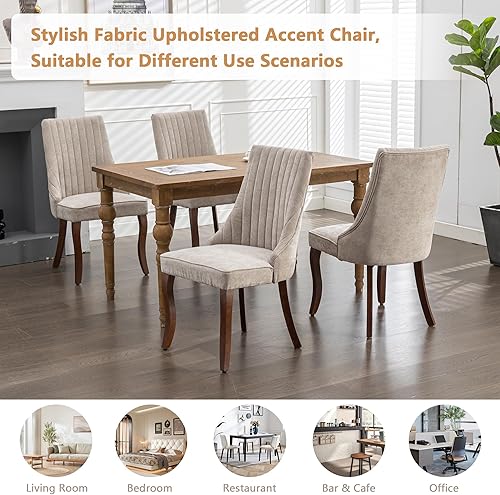 Miniatura 7 de Aoowow Juego de 4 sillas de comedor tapizadas de mezcla de lino, sillas de comedor copetudas con canales para cocina, patas de madera maciza, sillas