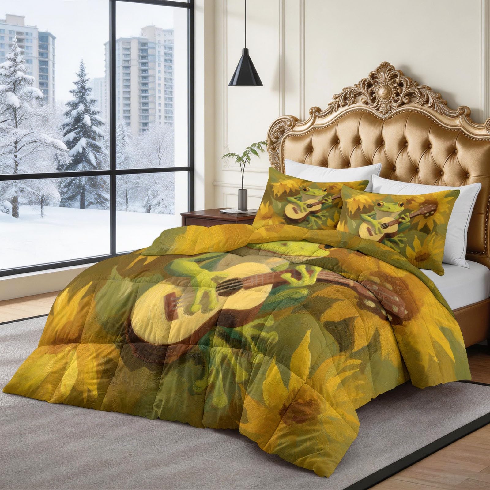 Grüner Frosch Blumen Bettdecke 200 x 200 cm 4 Jahreszeiten Steppdecke, Ölgemälde Waschbare Ganzjahresdecke Kinder Bettwaren Set Kinderzimmer Sonnentraum Bettdecke Ohne Bezug