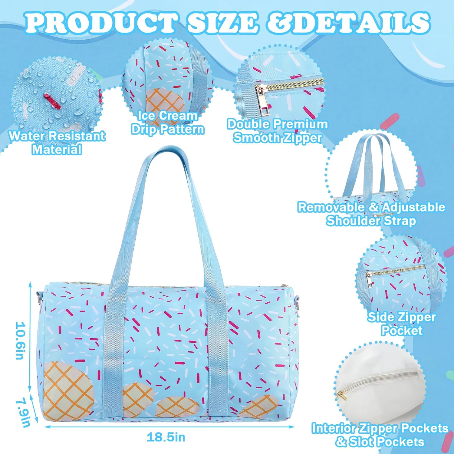 Ice Cream Drip Duffle Bag 18.5" Lightweight Waterproof Baseball Travel Bag with Adjustable Strap Sports Gym Tote for Back to School Essentials Workout Beach Trips